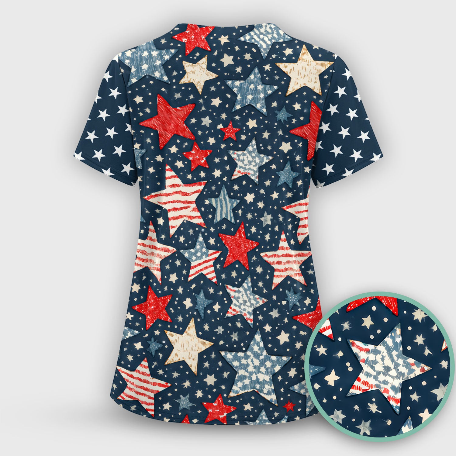 Patriotic Star Pattern Women's Scrub Set, Scrub Pants and V Neck Top