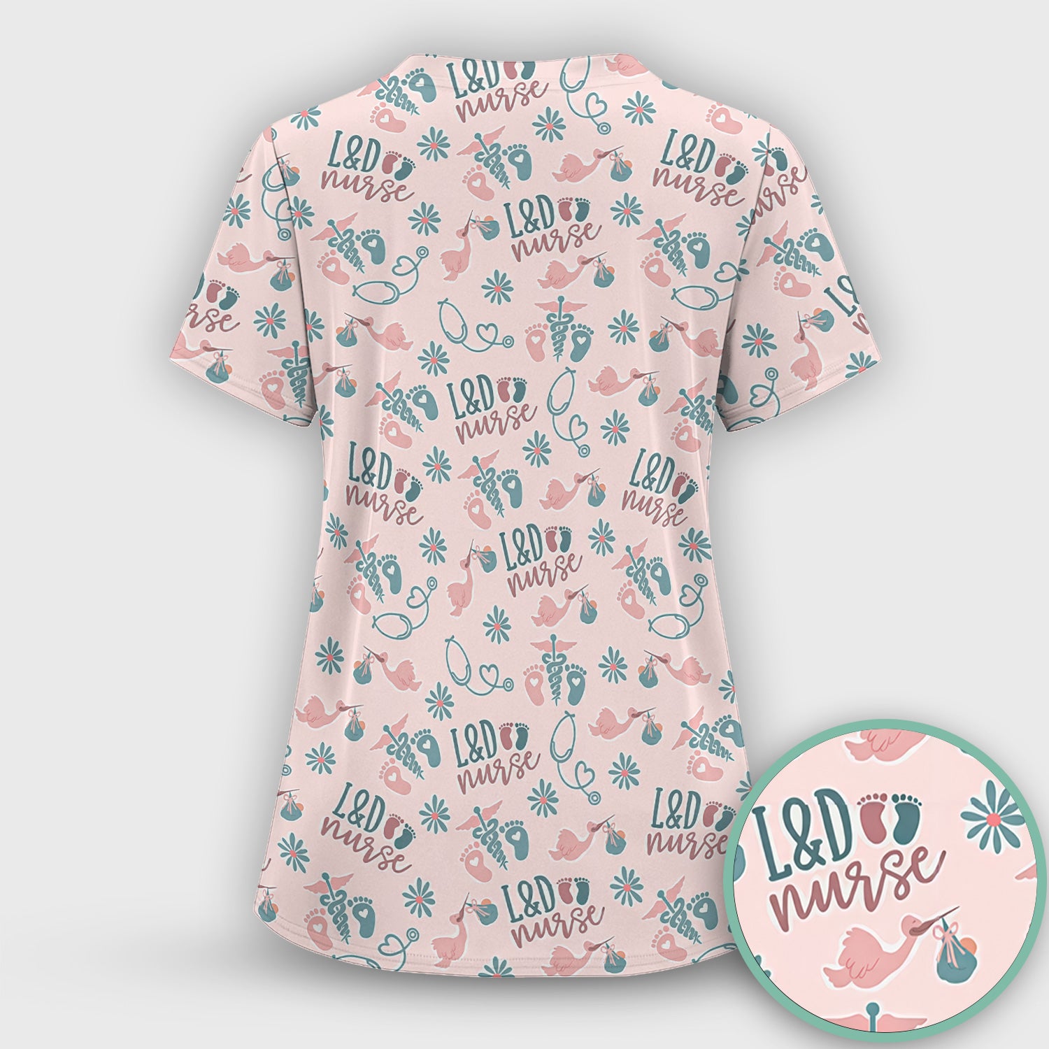 Cute Labor and Delivery Print V Neck Nursing Scrub Top Medical Uniform
