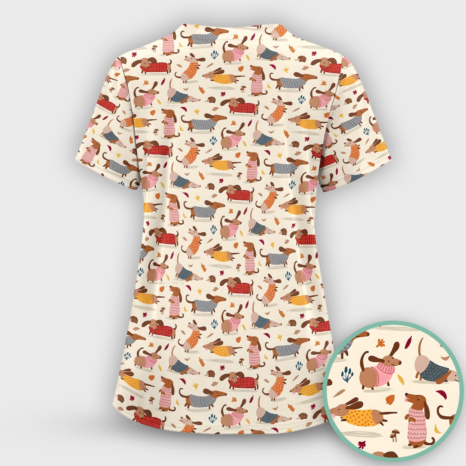 Cute Autumn Dachshund Print Scrub Set, Scrub Pants and V Neck Top