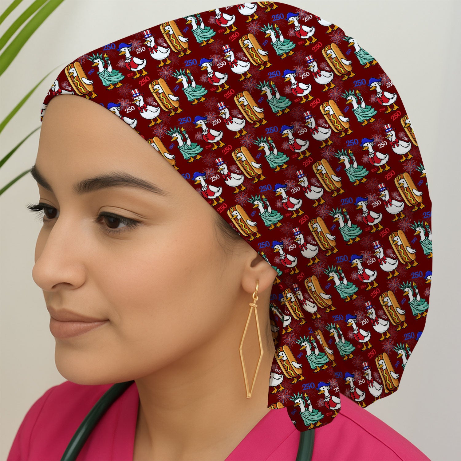 Patriotic Duck Independence Day Pattern Print Cap, Bouffant Scrub Caps for Women