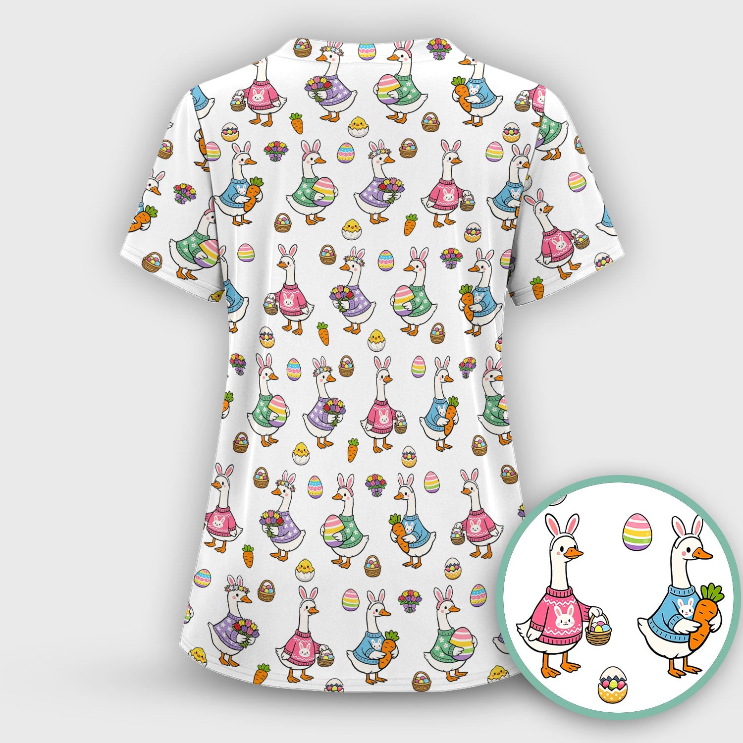 Cute Easter Goose Pattern Scrub Top, Breathable Fabrics Nursing Uniform
