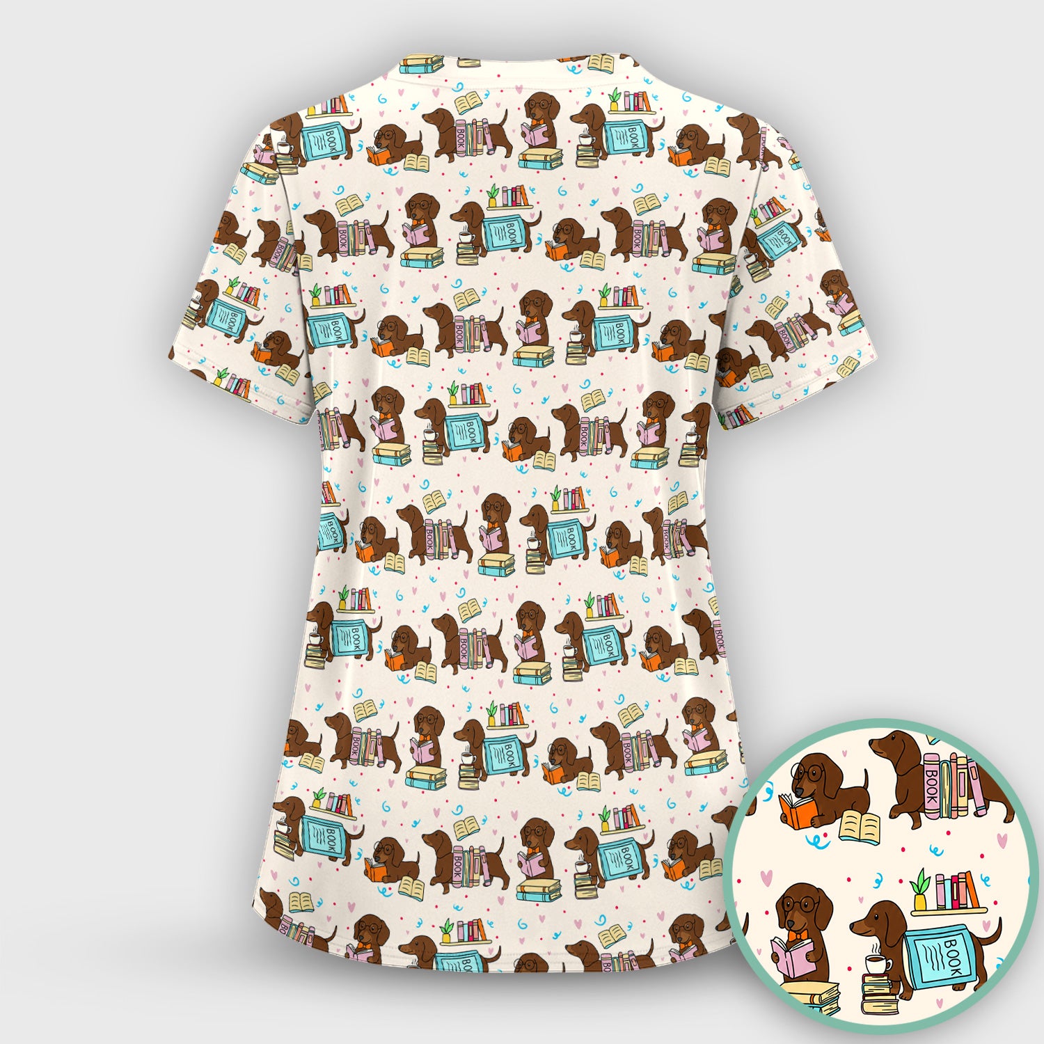 Cute Bookish Dachshund Reading Scrub Top, Comfortable Scrubs for Nurses