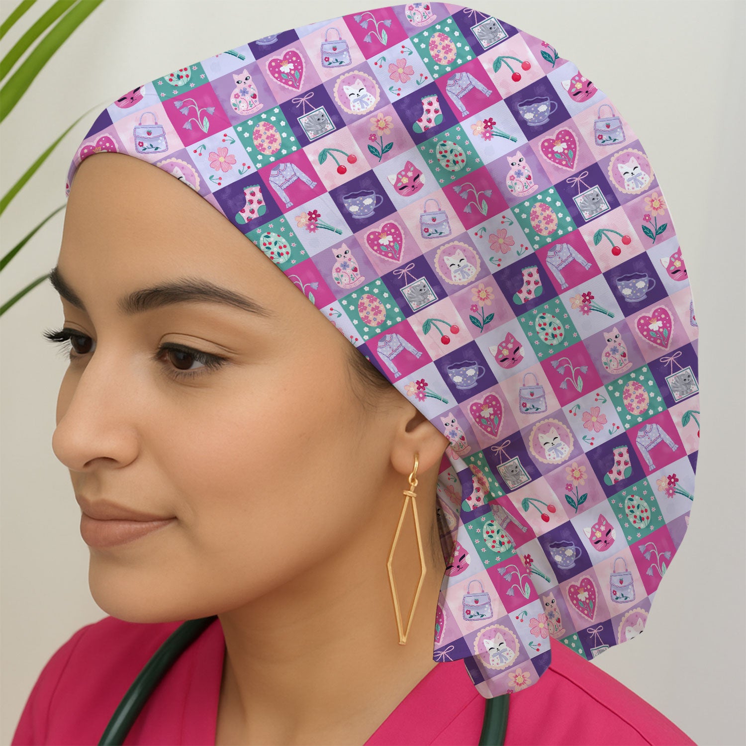 Pastel Cat Patchwork Pattern Scrub Cap, Surgical Caps for Doctors