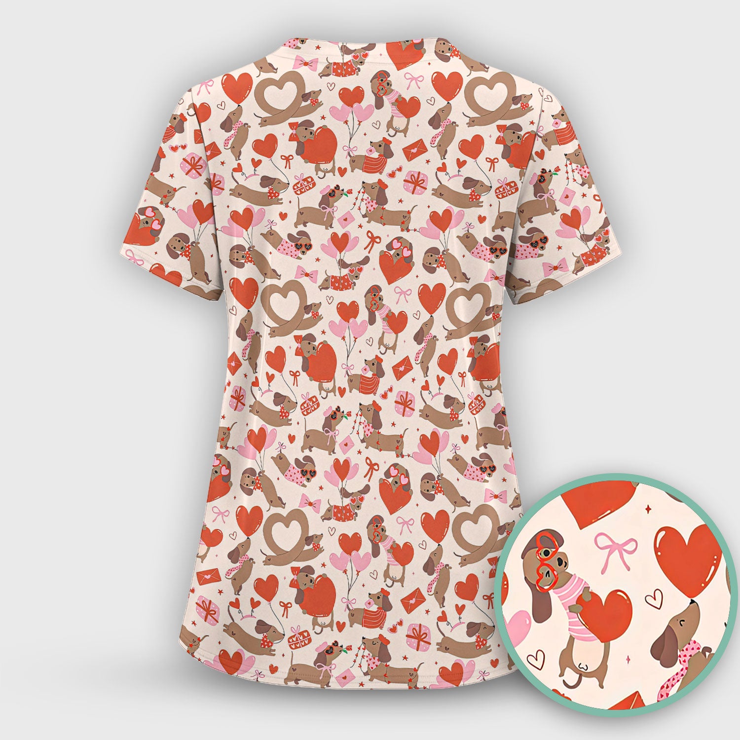 Cute Dachshund Valentine Medical Pattern Scrub Top, Breathable Fabrics Nursing Uniform