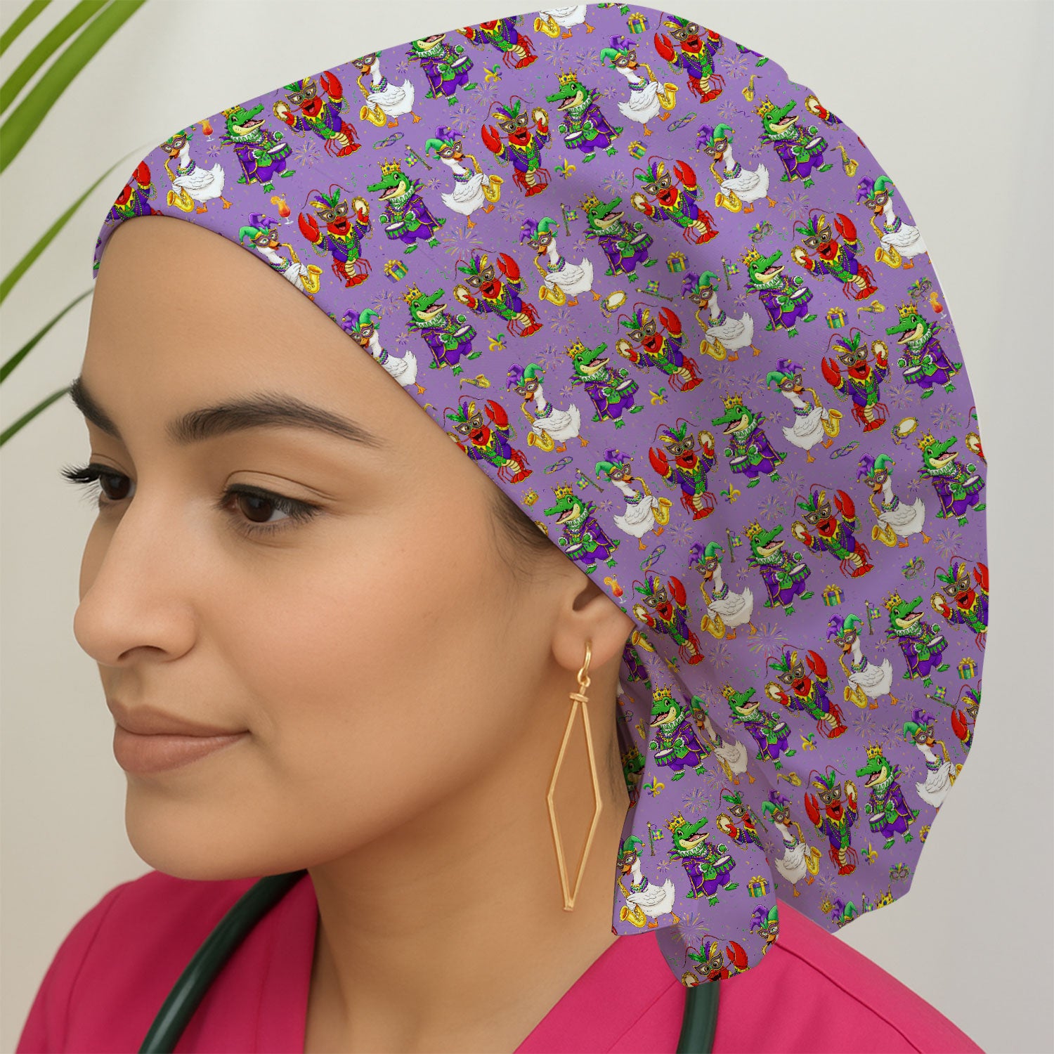 Crawfish And Duck Carnival Scrub Cap, Mardi Gras Parade Pattern Nurse Hat, Breathable Fabrics Nursing Uniform