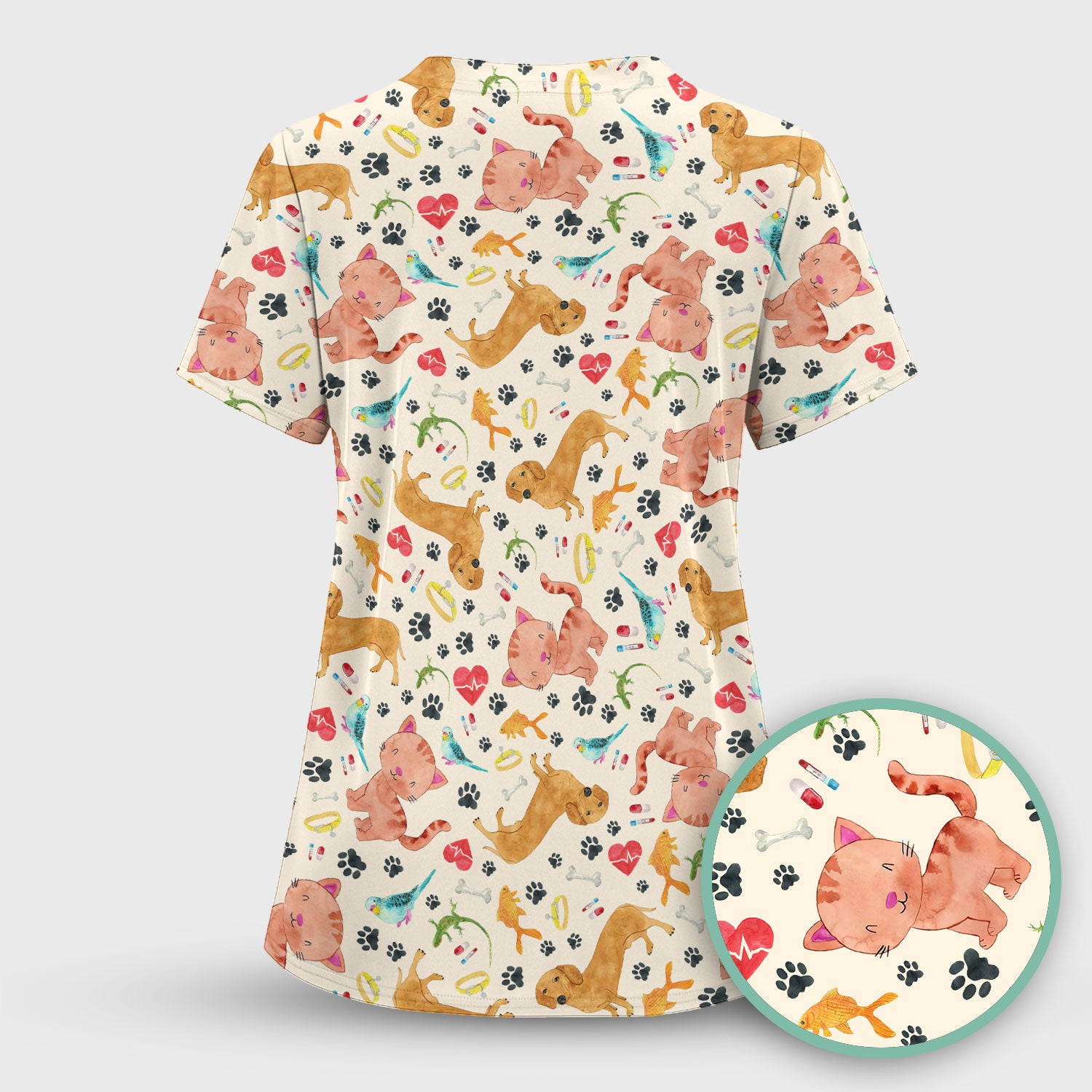 Cat Dog Veterinary Scrub Top - Cute Animal Paw Print Medical Shirt - Adorable Nurse Scrubs for Women RN CNA Vet Tech