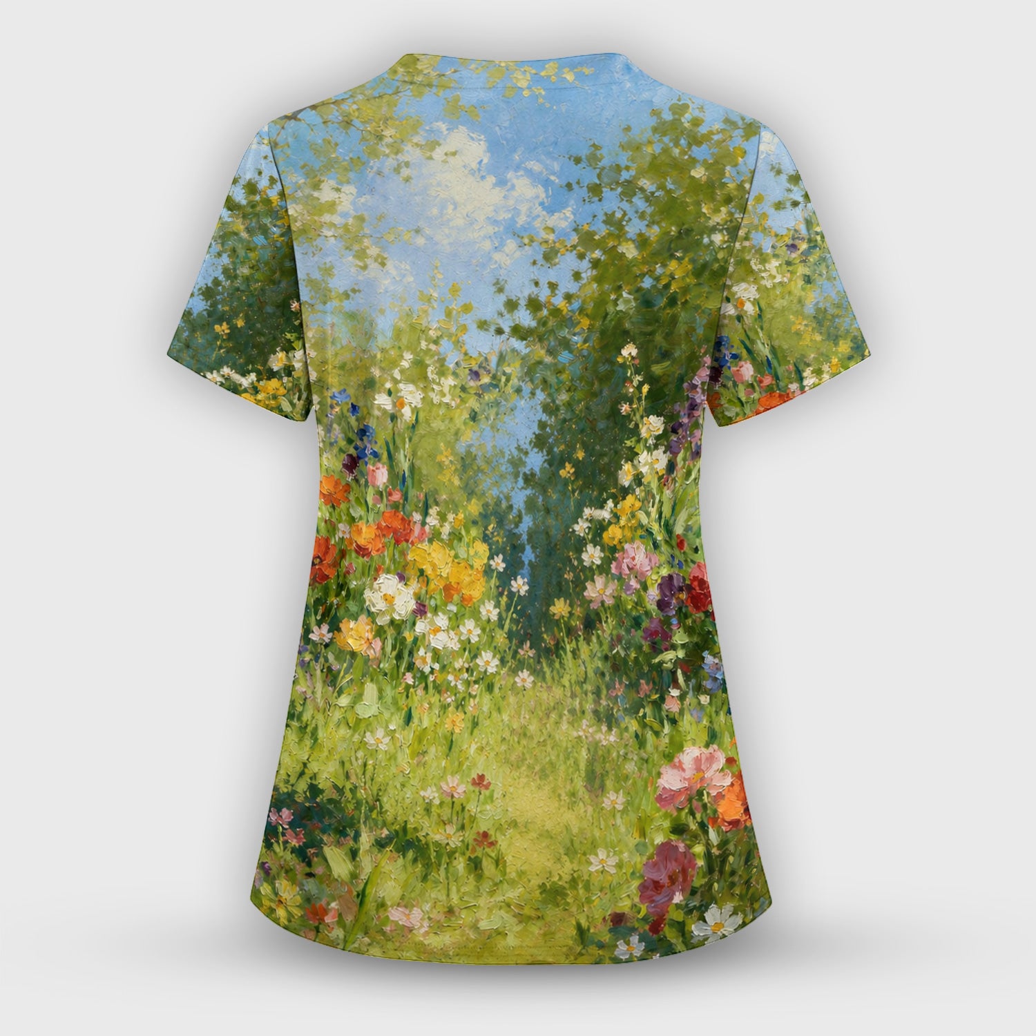 Whimsical Garden Cat Blossom Pattern Scrub Top, Comfortable Scrubs for Nurses