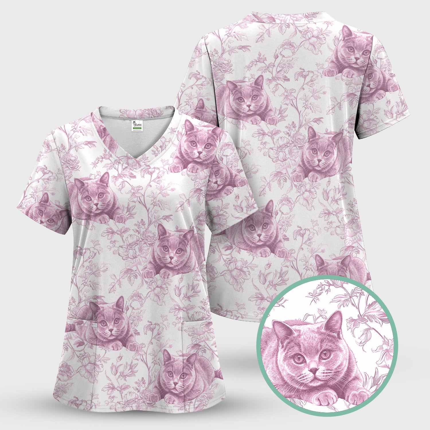 Custom Dog Cat Style Chinoiserie Pattern Scrubs Top, Comfortable Scrubs for Nurses
