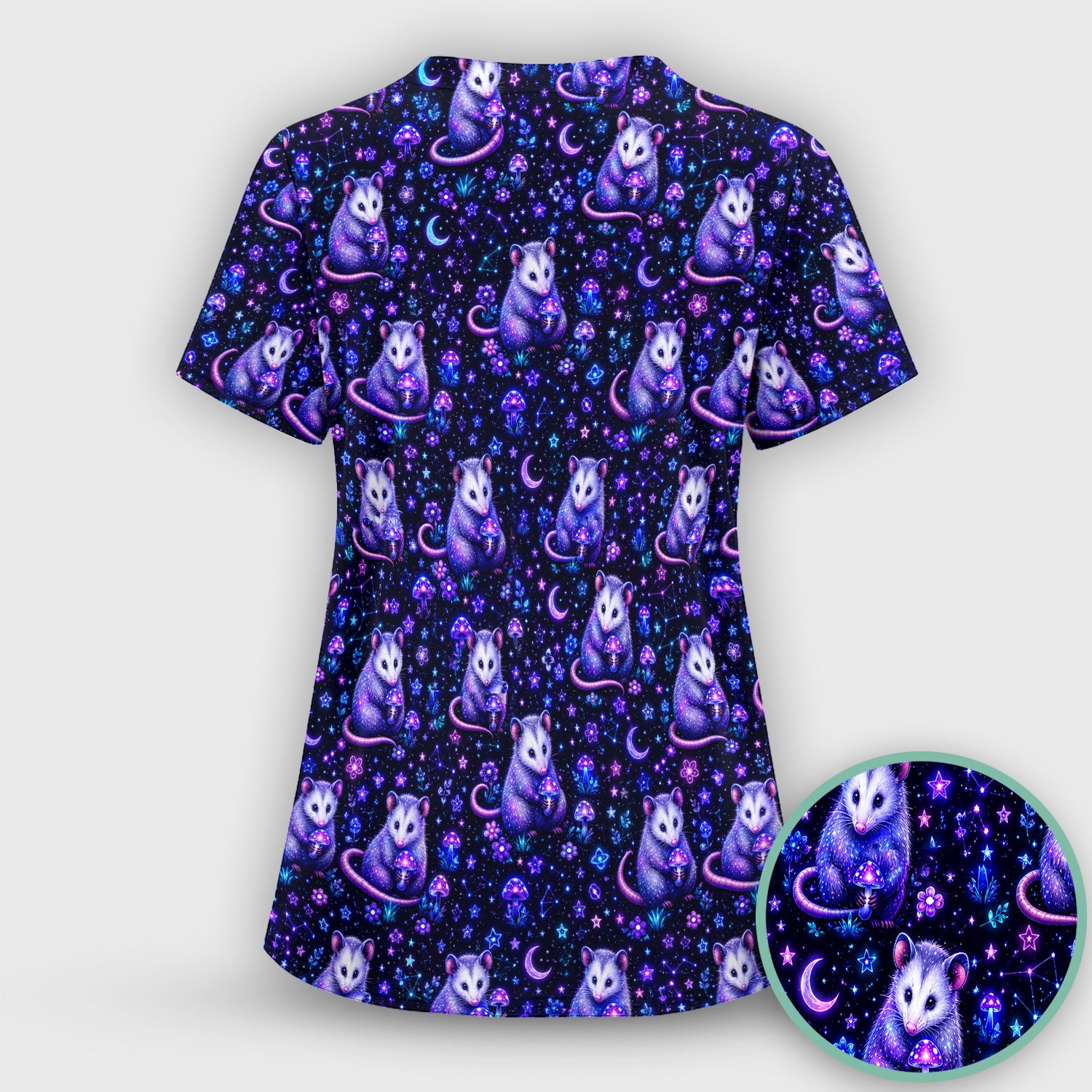 Neon Opossum Mushroom Galaxy Pattern Scrub Top, Comfortable Scrubs for Nurses