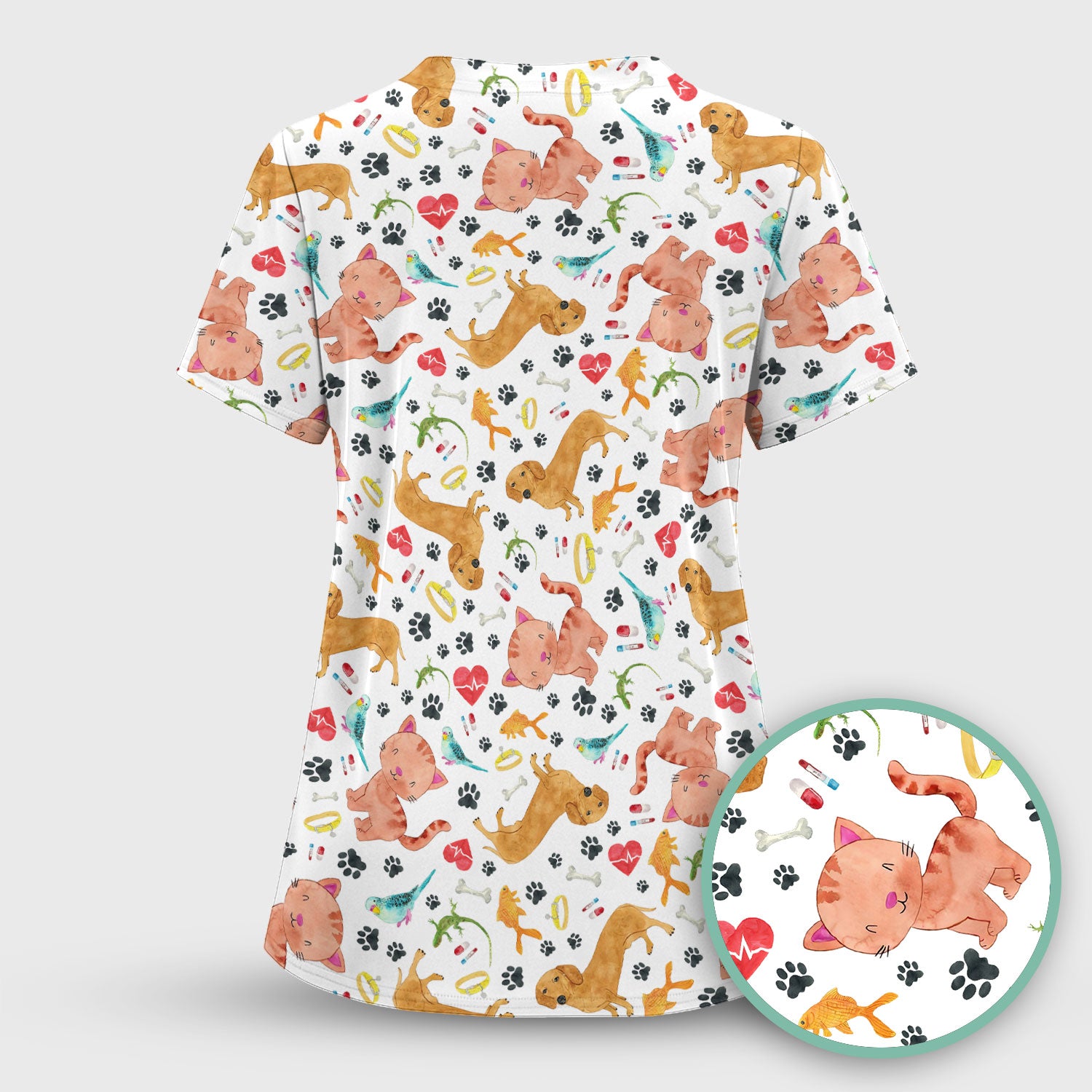 Cute Cat Dog Scrub Top - Animal Lover Medical Uniform - Funny Veterinary Nurse Shirt for Women RN CNA LPN