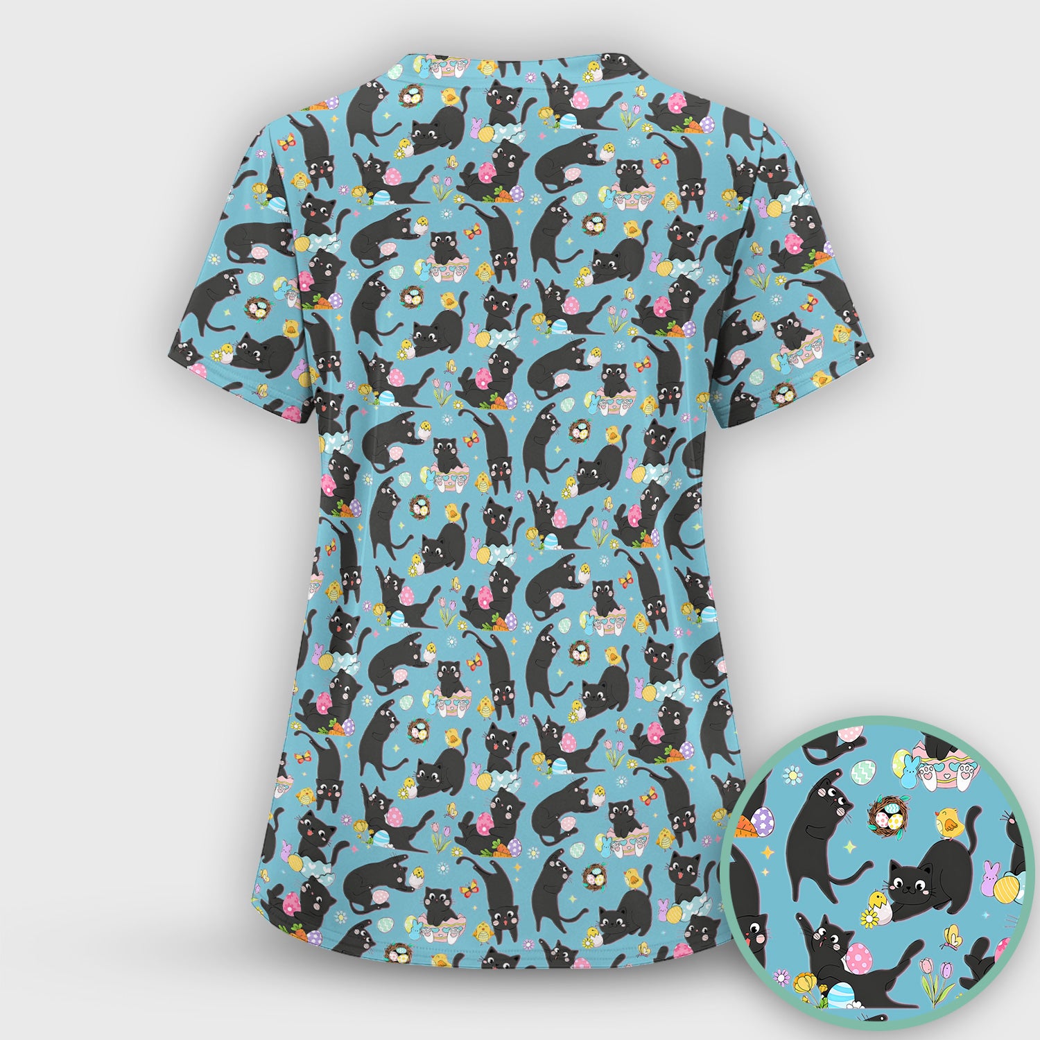 Playful Black Cat Easter Egg Pattern Scrub Top, Comfortable Scrubs for Nurses