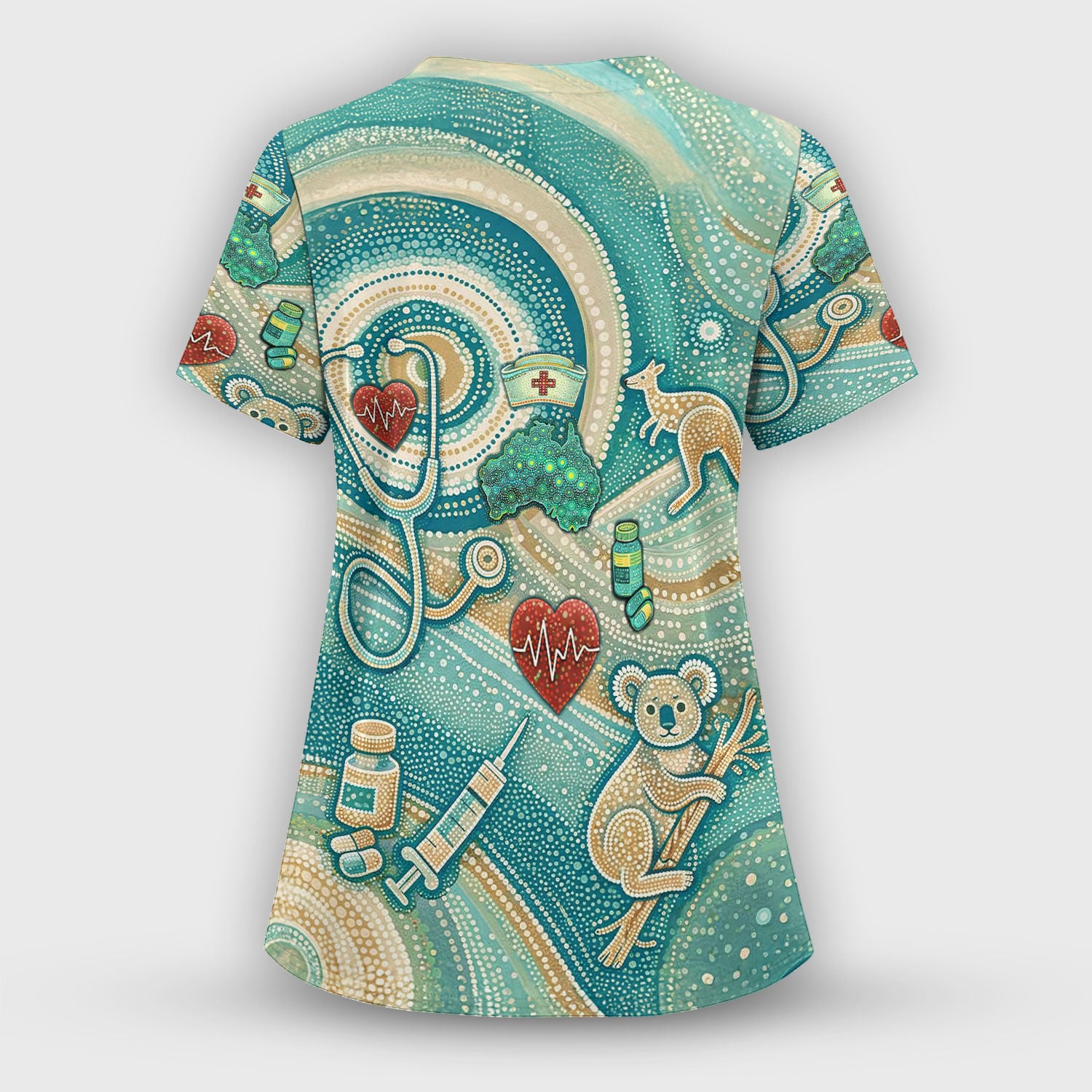 Australian Wildlife Dot Art Inspired Medical Scrub Top - Aussie Women V-Neck Shirt