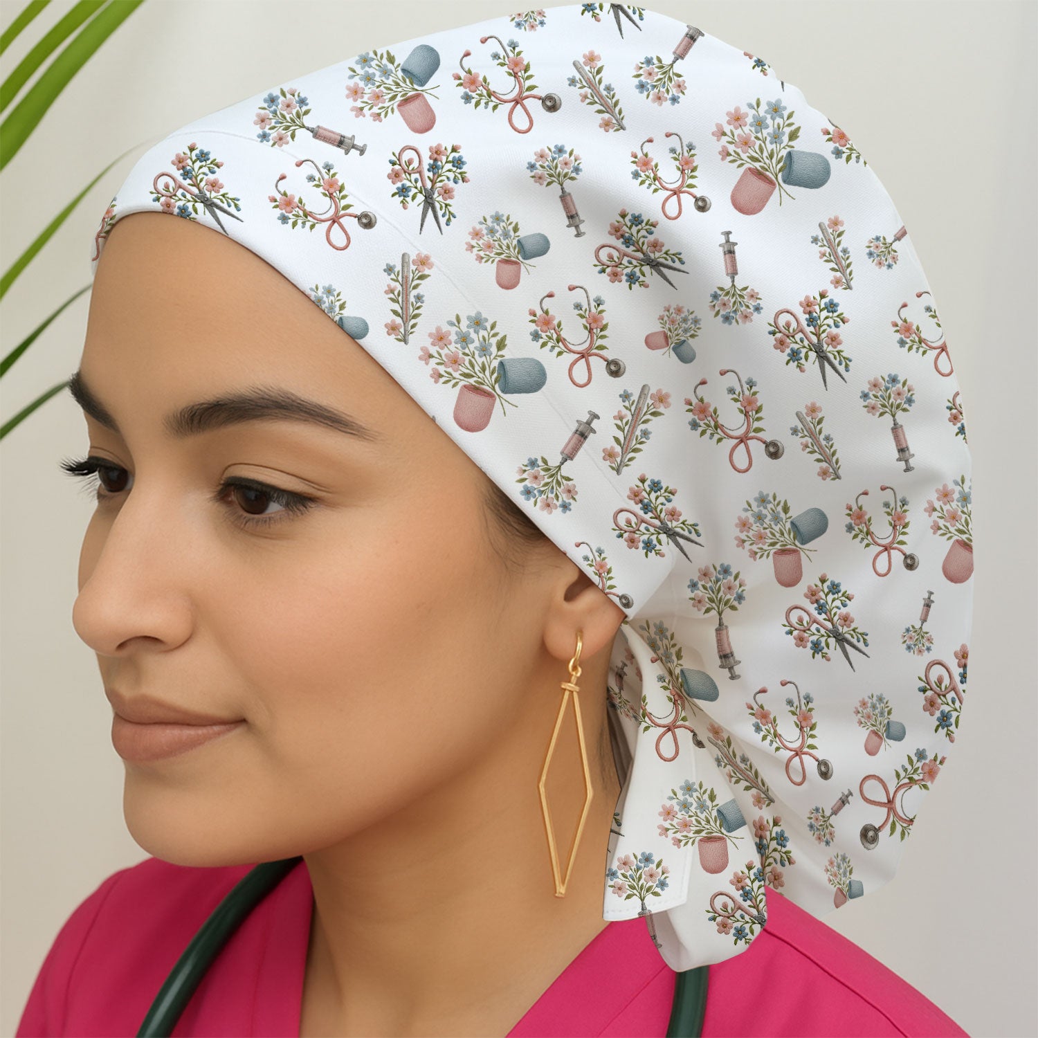 Floral Medical Scrub Hat, Elegant Stethoscope With Flower Nursing Cap, Breathable Fabrics Nurse Uniform