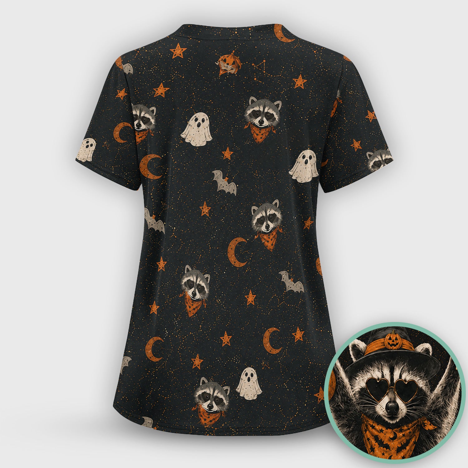 Ghost Pumpkin Raccoon Pattern Scrub Top, Comfortable Scrubs for Nurses