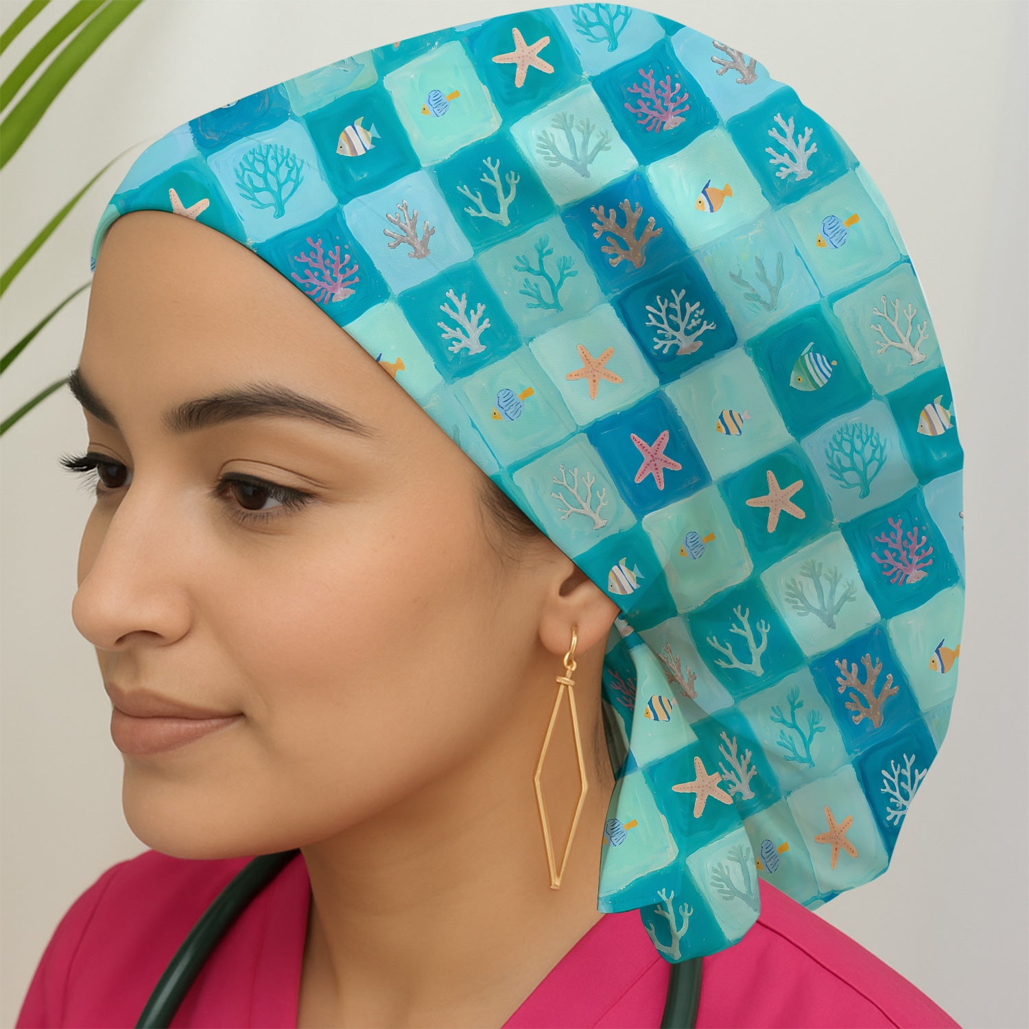 Ocean Coral Fish Starfish Checkered Pattern Nurse Scrub Cap, Surgical Caps for Doctors