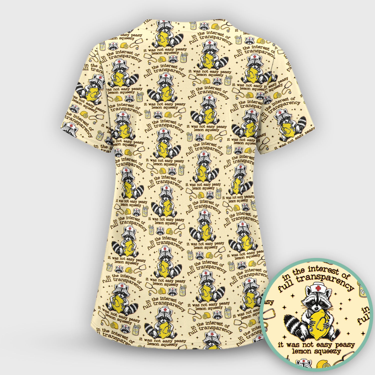 Raccoon Lemon Quote Medical Humor Pattern Scrub Top, Breathable Fabrics Nursing Uniform