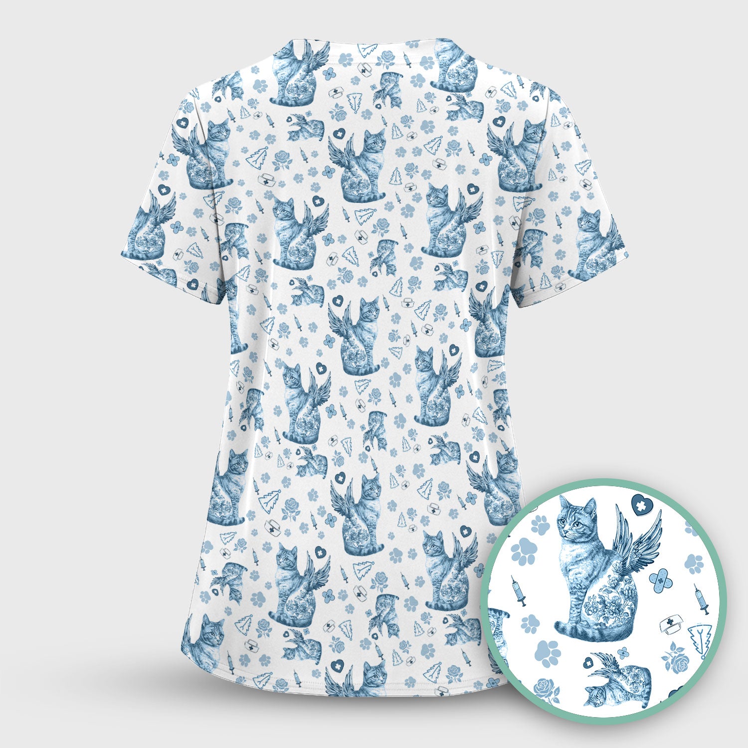 Toile de Jouy Cat Angel Scrub Top - Blue Vintage Nurse Shirt - French Style Medical Uniform for Women RN LPN CNA Gift