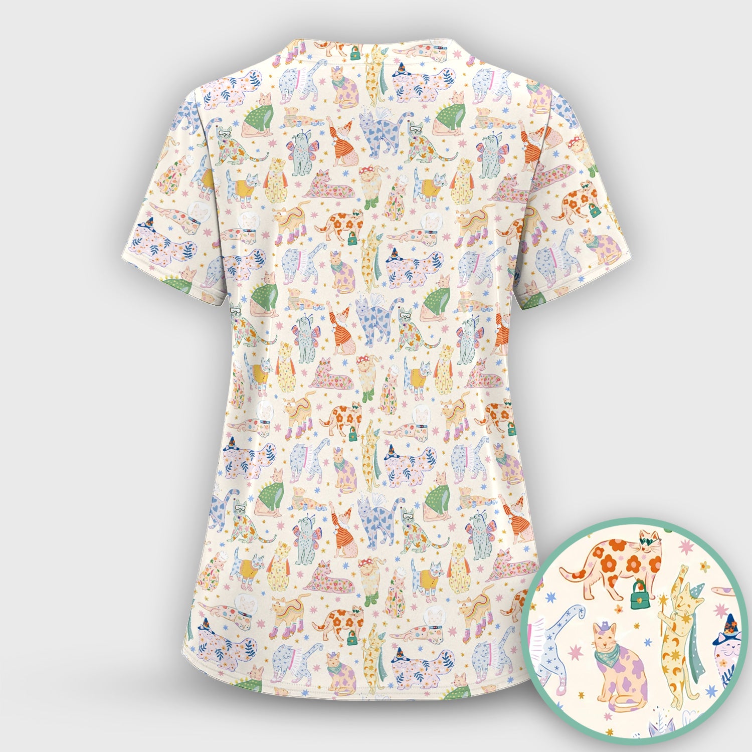 Cute Colorful Cats Pattern Scrub Set, Scrub Pants and V Neck Top