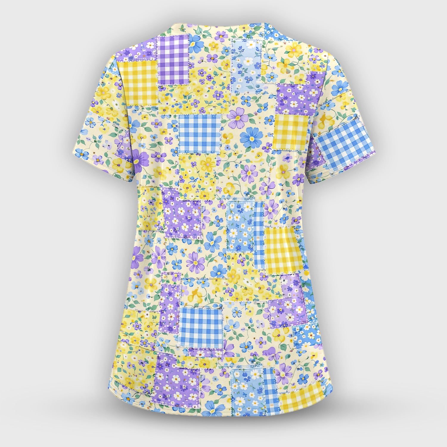 Cute Floral Patchwork Gingham Pattern Scrub Set, Women's Scrub Sets