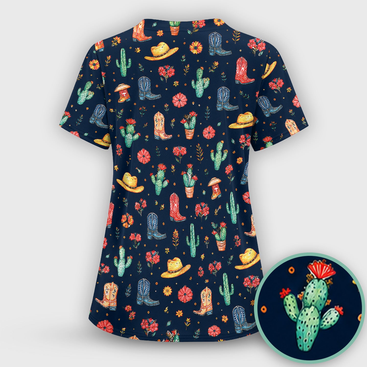 Whimsical Western Cactus Boots Pattern Scrub Top, Breathable Fabrics Nursing Uniform