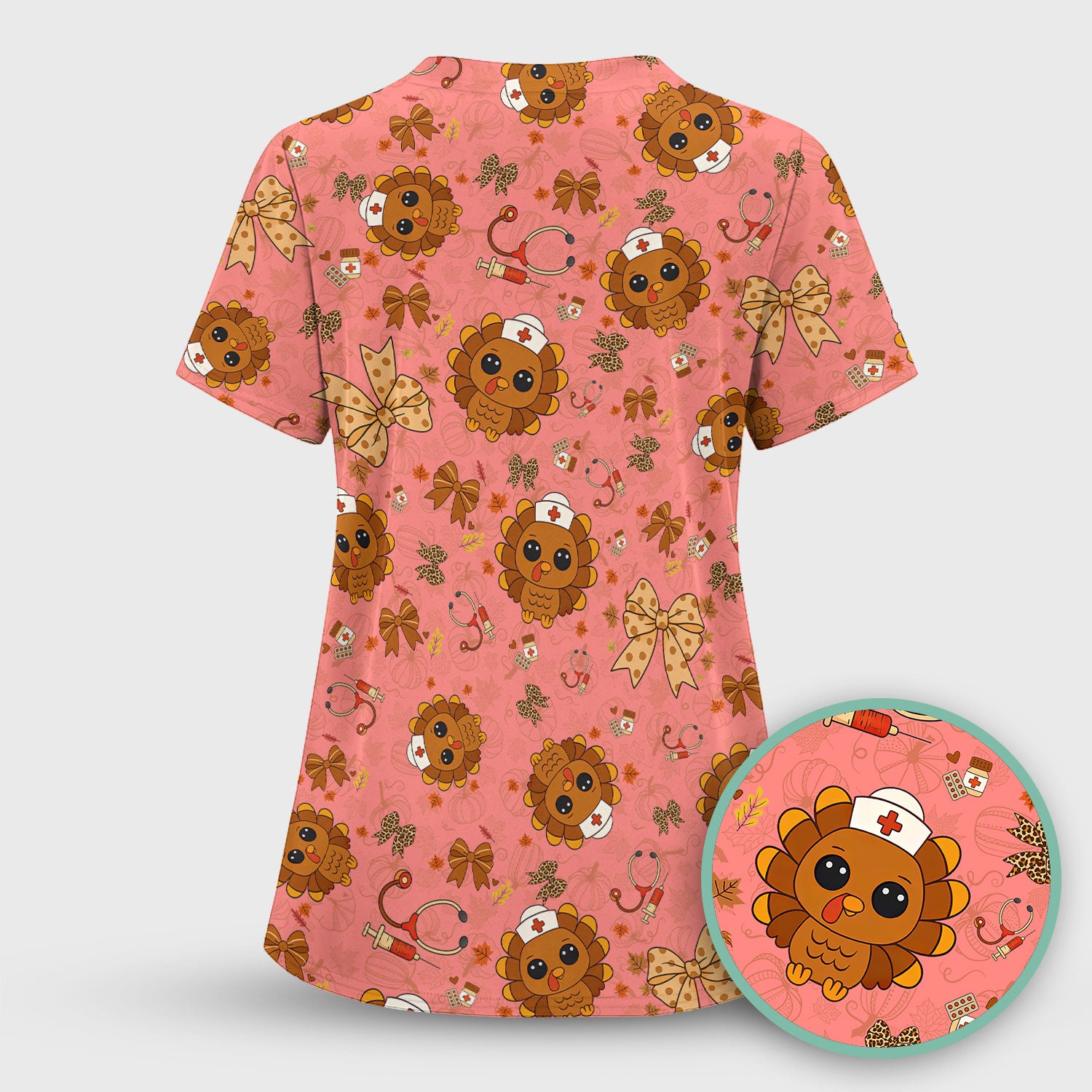 Thanksgiving Turkey Nurse Scrub Top for Women - Cute Fall Leaves and Bow Shirt - Autumn Medical Shirt Gift for RN CNA LPN Doctor
