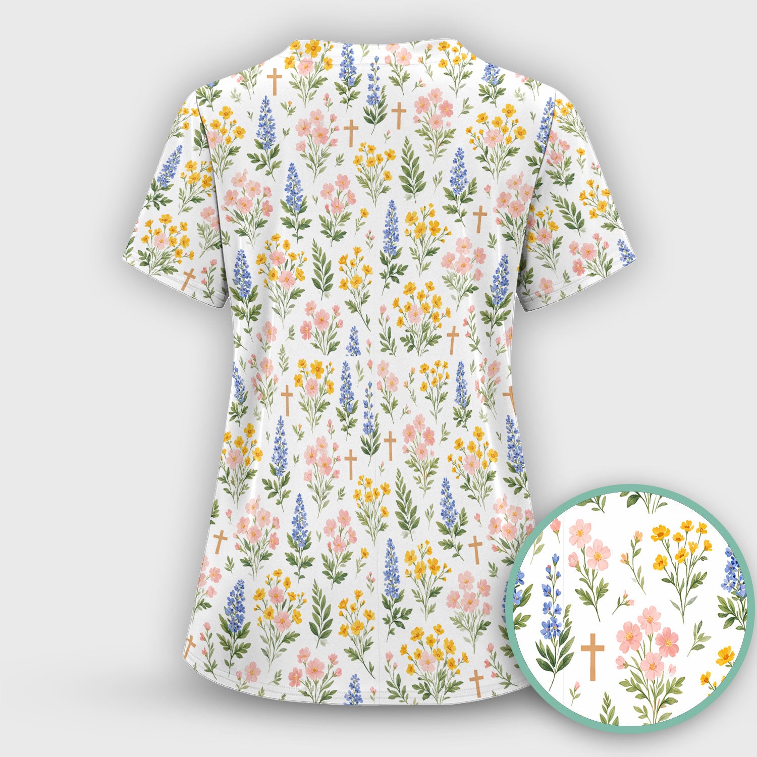 Pastel Floral Cross Nursing Scrub Top, Breathable Fabrics Nursing Uniform