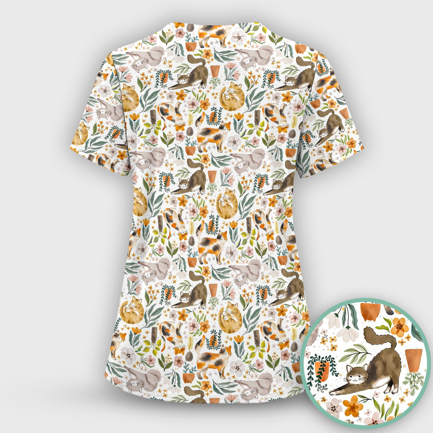 Cat Wildflower Garden Floral Pattern Scrub Top, Comfortable Scrubs for Nurses