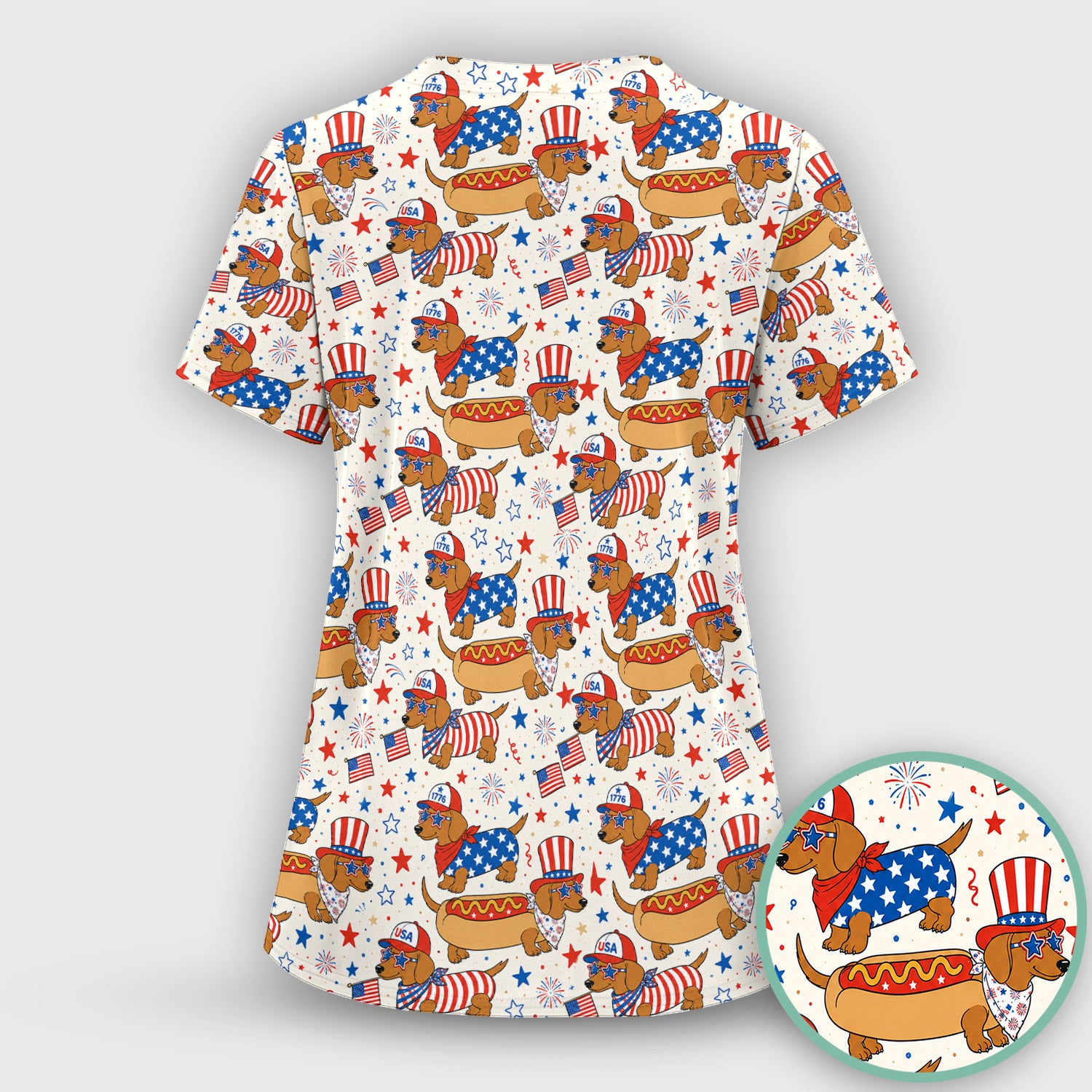 Patriotic Dachshund Fourth Of July Scrub Set, Scrub Pants and V Neck Top