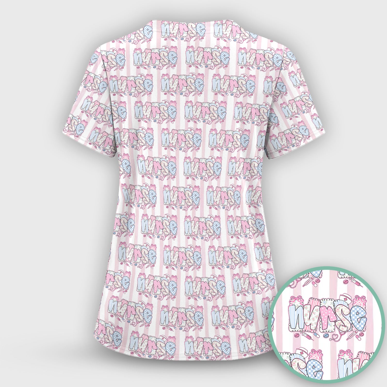 Cute Pastel Nurse Pattern Scrub Set, Scrub Pants and V Neck Top