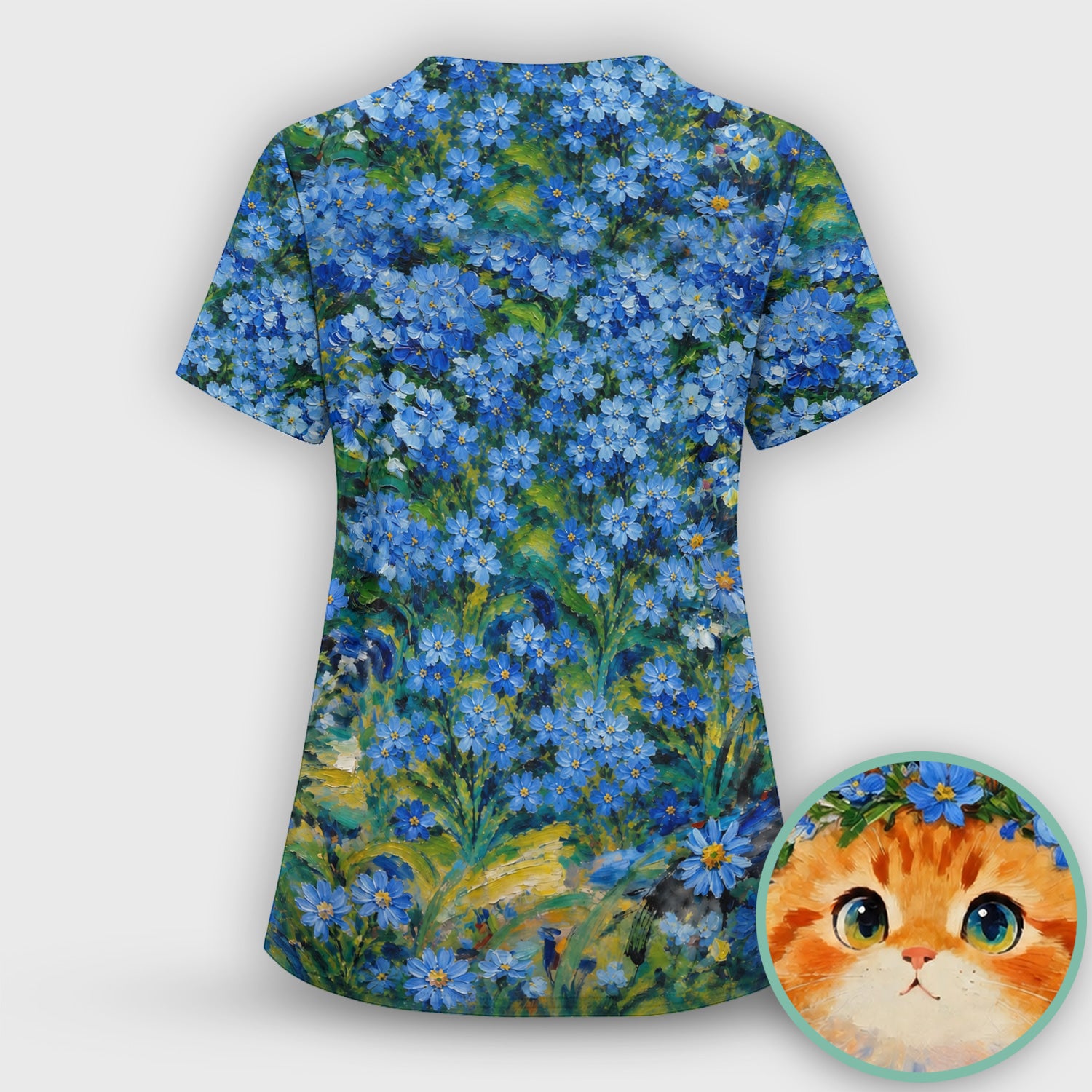 Cute Blue Floral Cat Nurse for Pediatric Nurses, RN, CNA, Pet Lover Medical Scrub Set, Scrub Pants and V Neck Top
