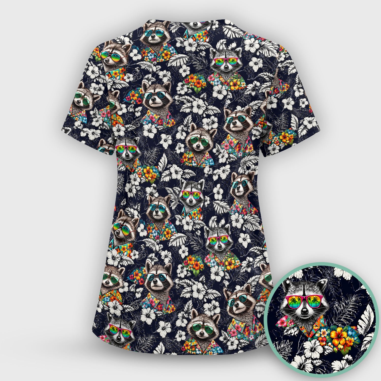 Tropical Raccoon Floral Pattern Scrub Set, Scrub Pants and V Neck Top
