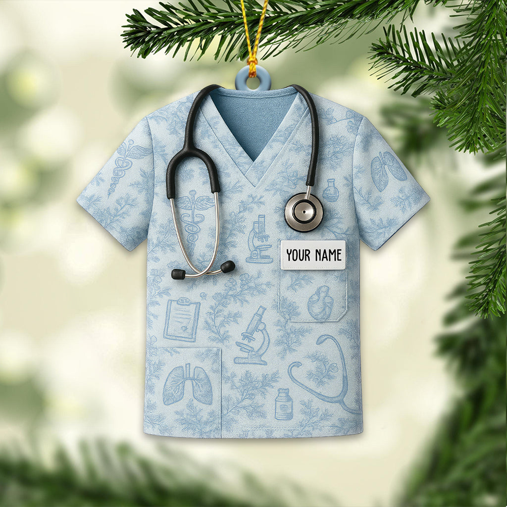 Toile de Jouy Scrub Shirt Ornament – Custom Name Nurse Christmas Decor for Healthcare Workers & Medical Staff