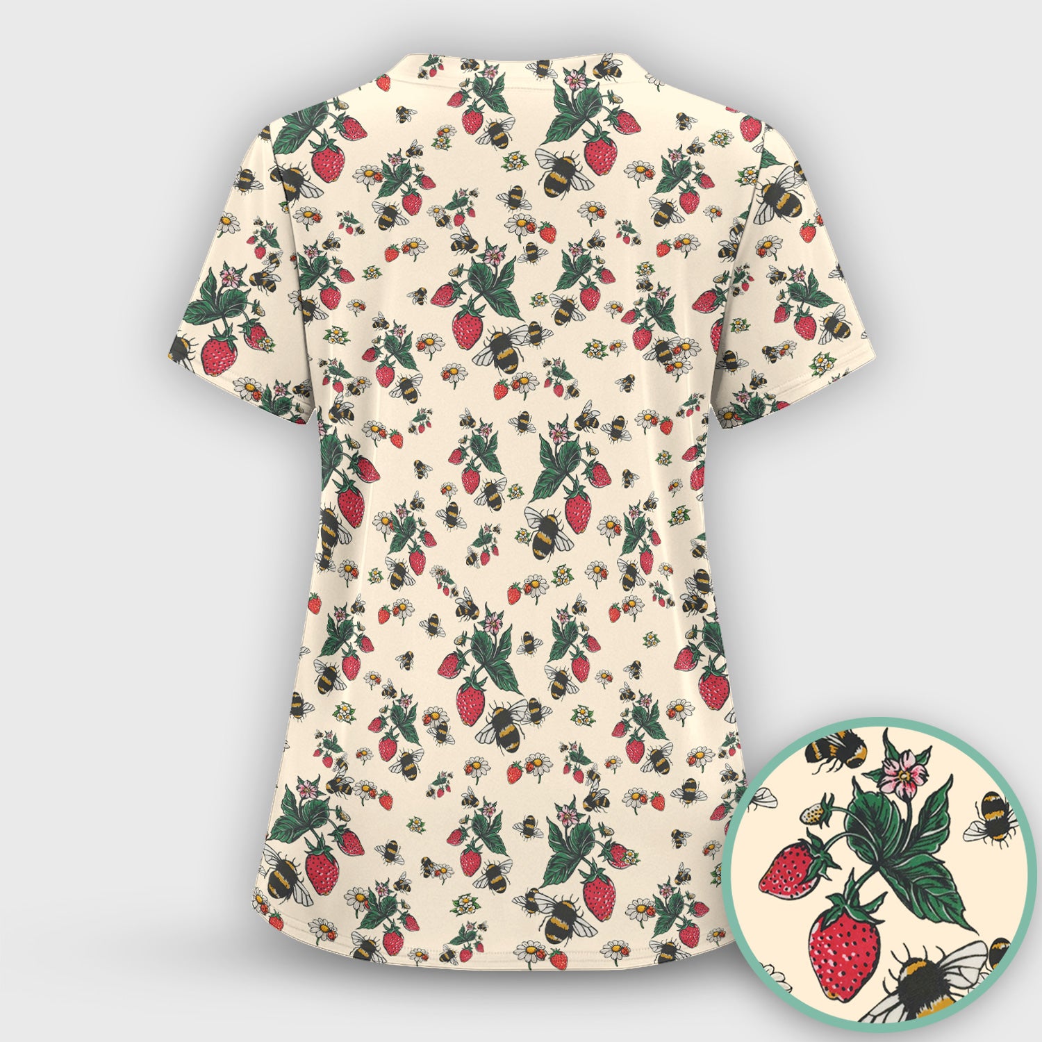 Cute Strawberry Bee Daisy Floral Pattern Scrub Set, Scrub Pants and V Neck Top