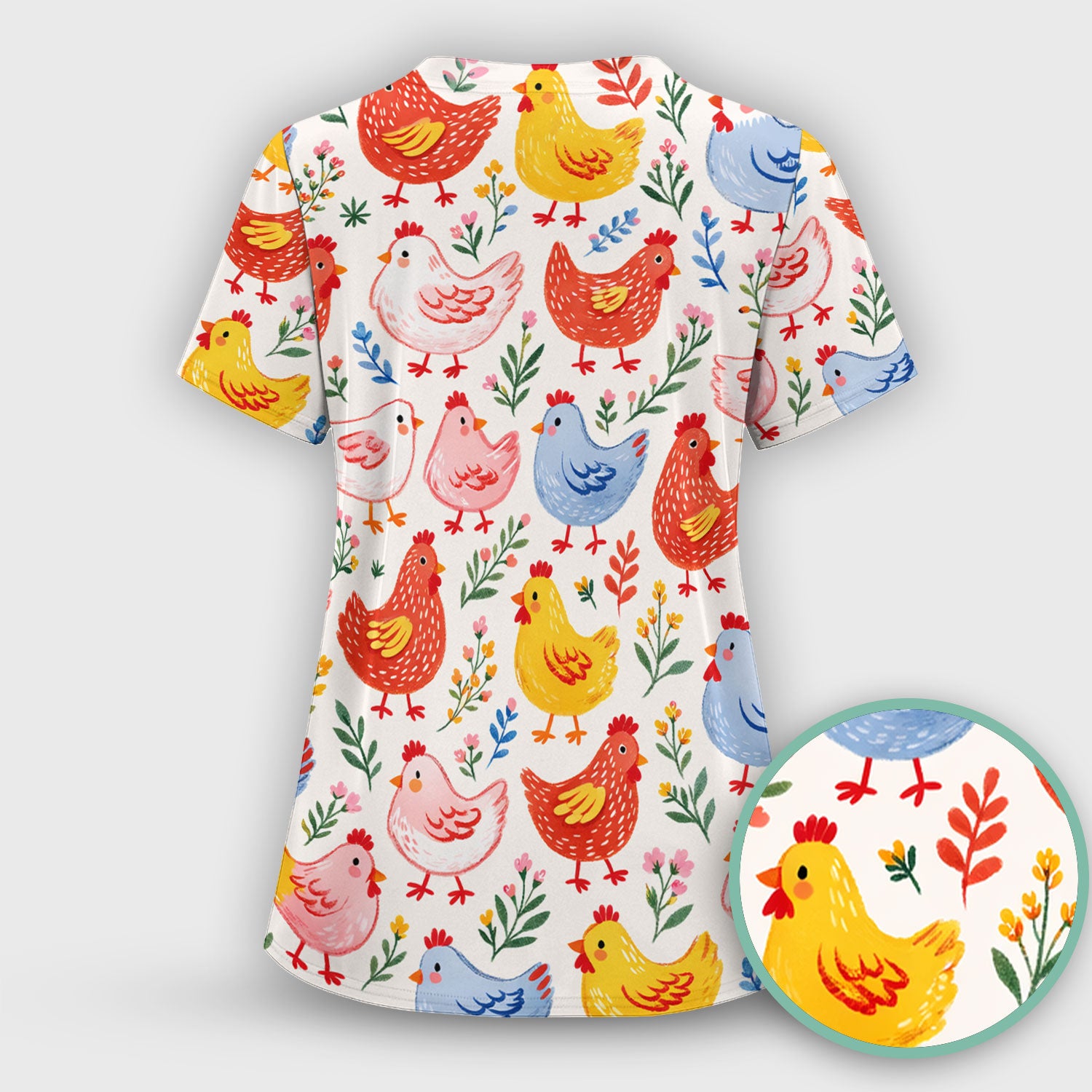 Fun Cartoon Hen Print Scrub Top,  Breathable Fabrics Nursing Uniform