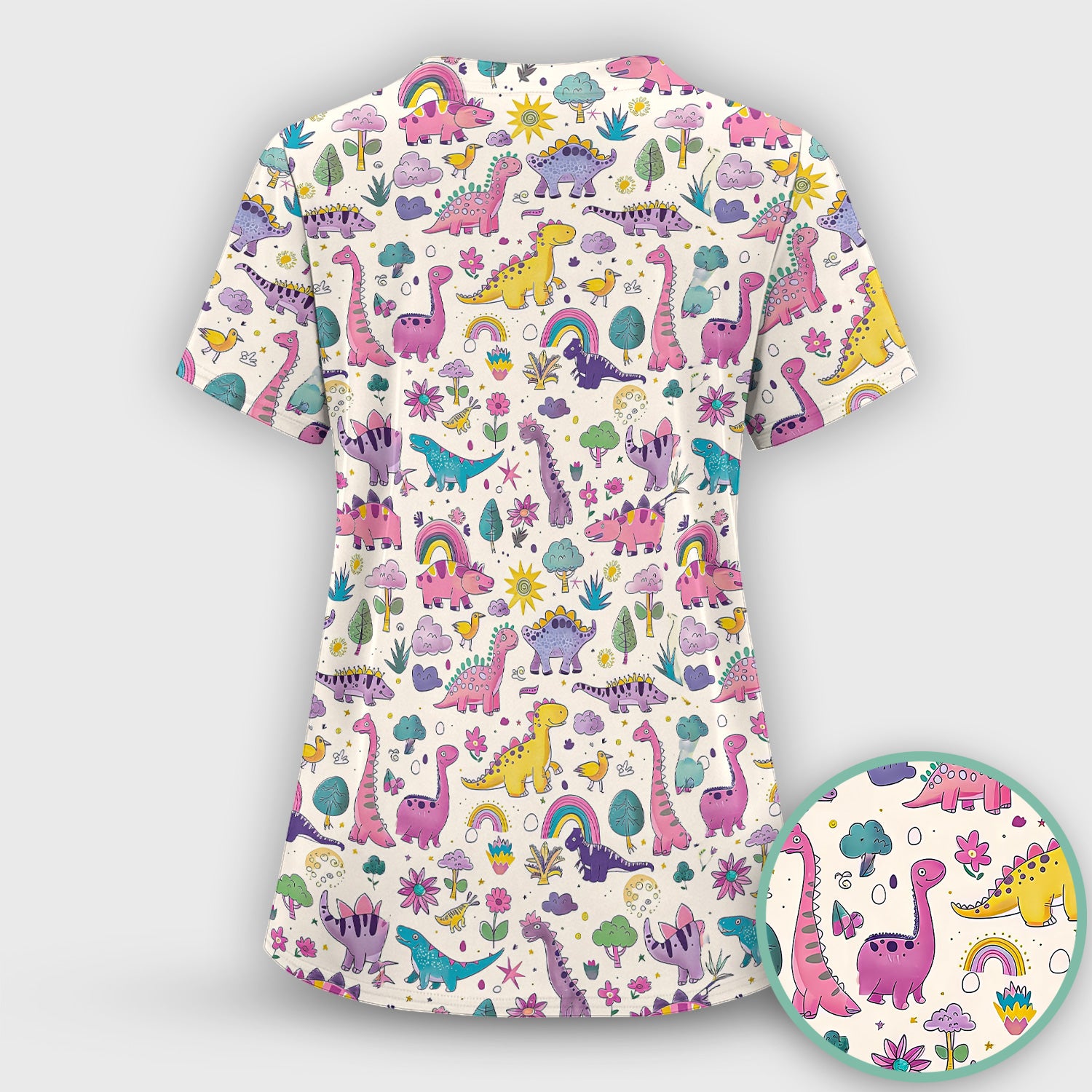 Cute Dinosaur Rainbow Pattern Scrub Set, Scrub Pants and V Neck Top