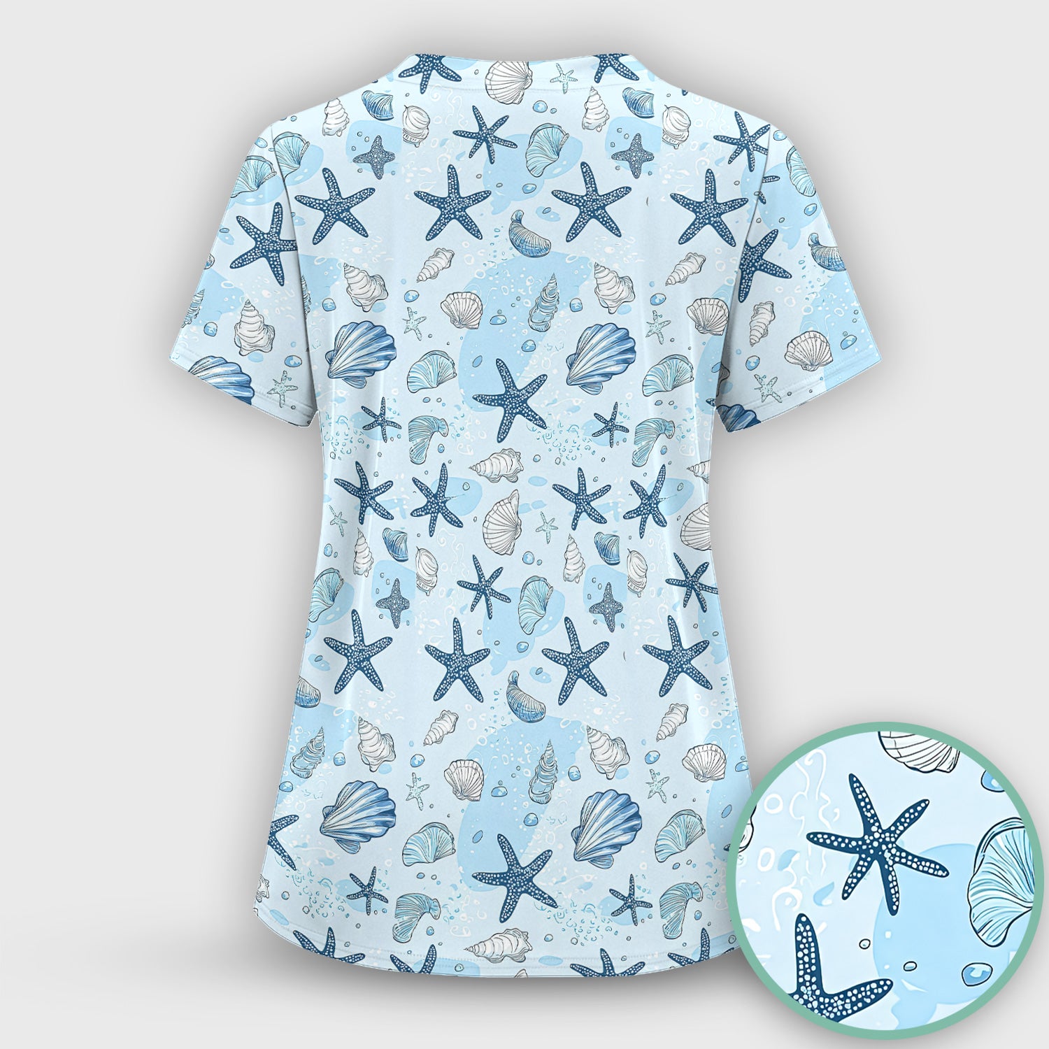 Ocean Shell And Starfish Print Scrub Top, Breathable Fabrics Nursing Uniform