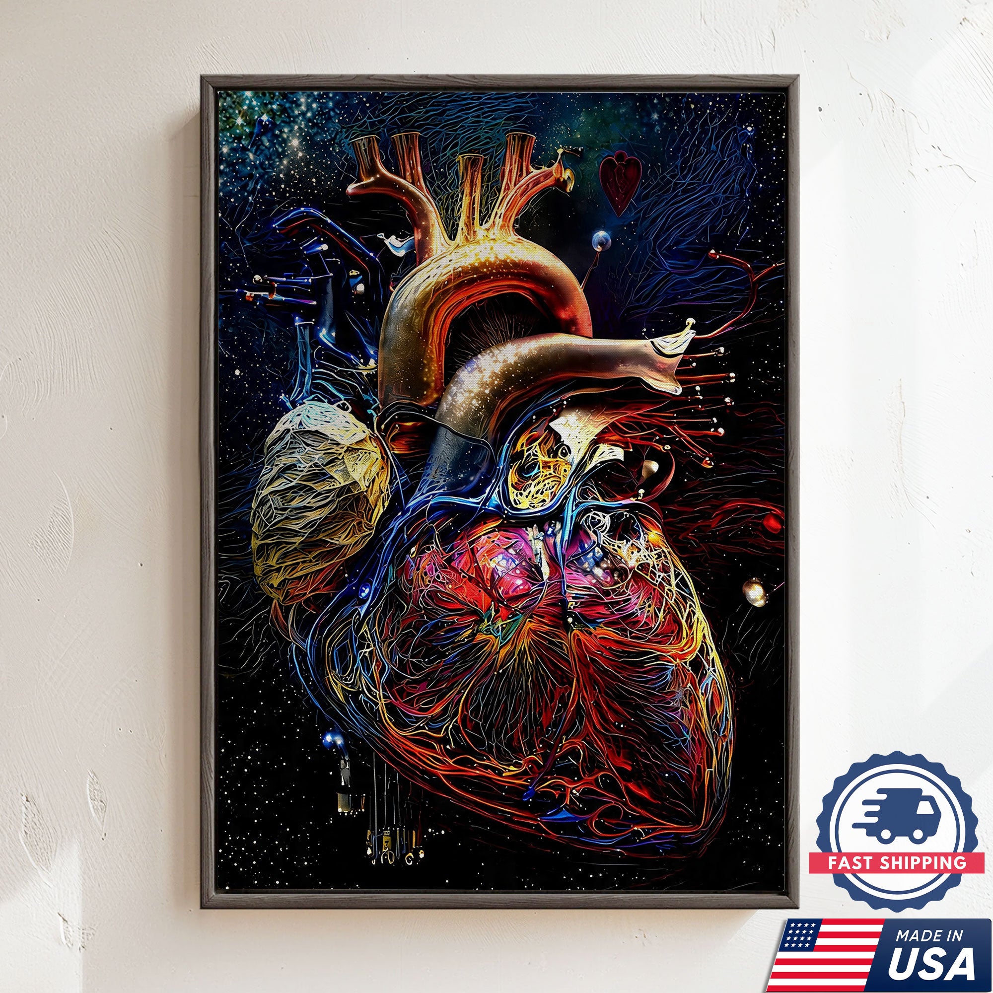 Neon Human Heart Anatomy Canvas Wall Art, Nurse Clinic Decor