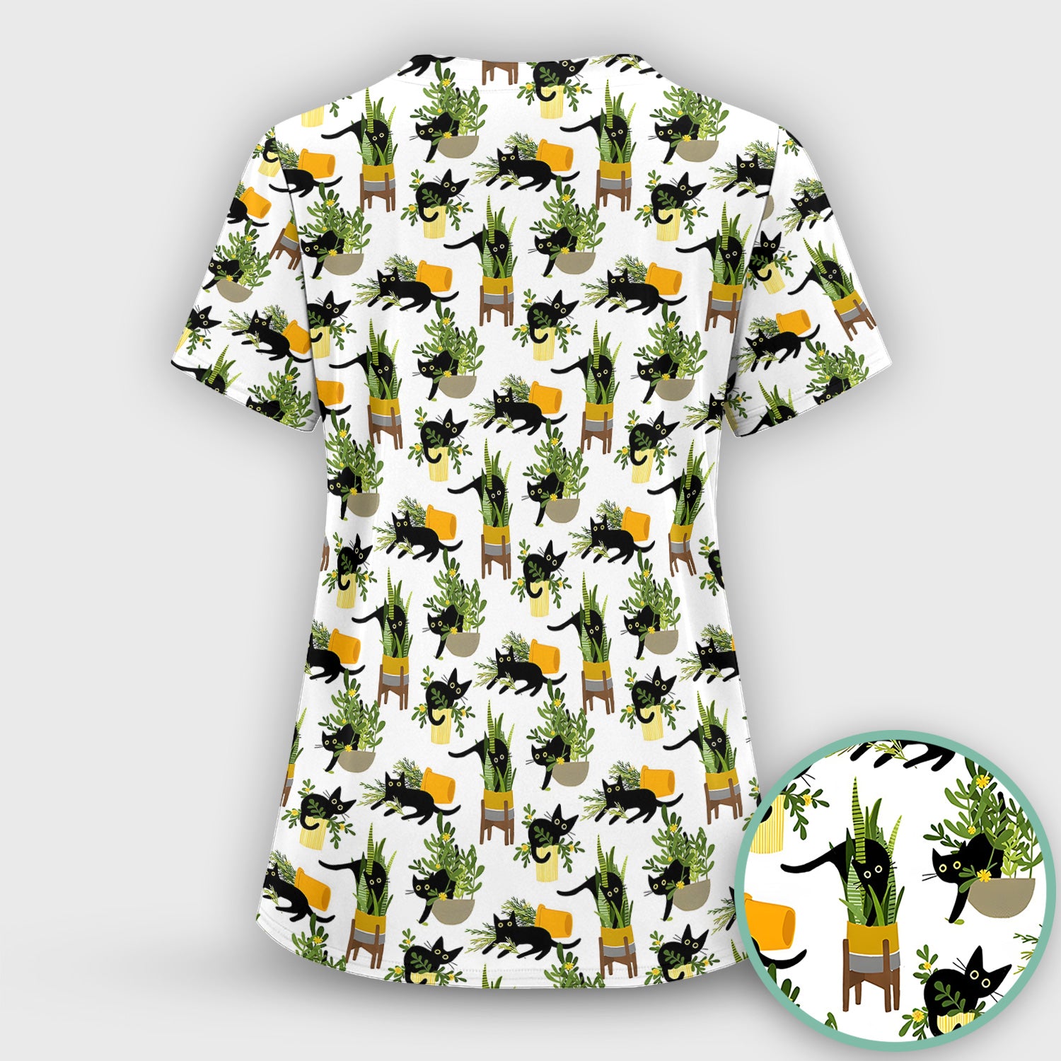 Black Cat Plant Pots Pattern Scrub Set, Scrub Pants and V Neck Top