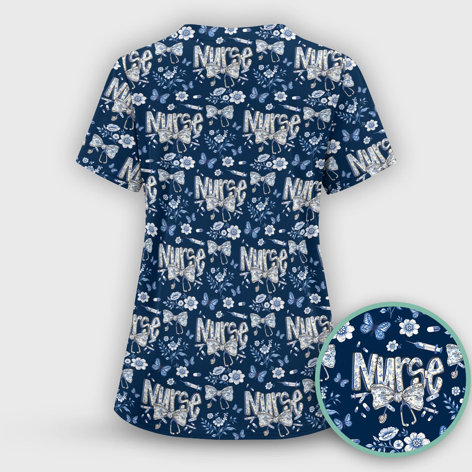 Blue Nurse Letter Bow Butterfly Floral Print Scrub Top, Comfortable Scrubs for Nurses