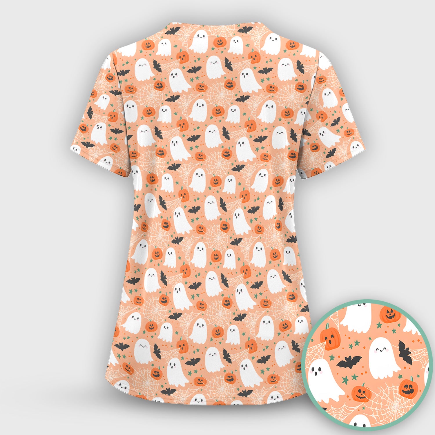 Cute Halloween Ghost And Pumpkin Scrub Top, Comfortable Scrubs for Nurses