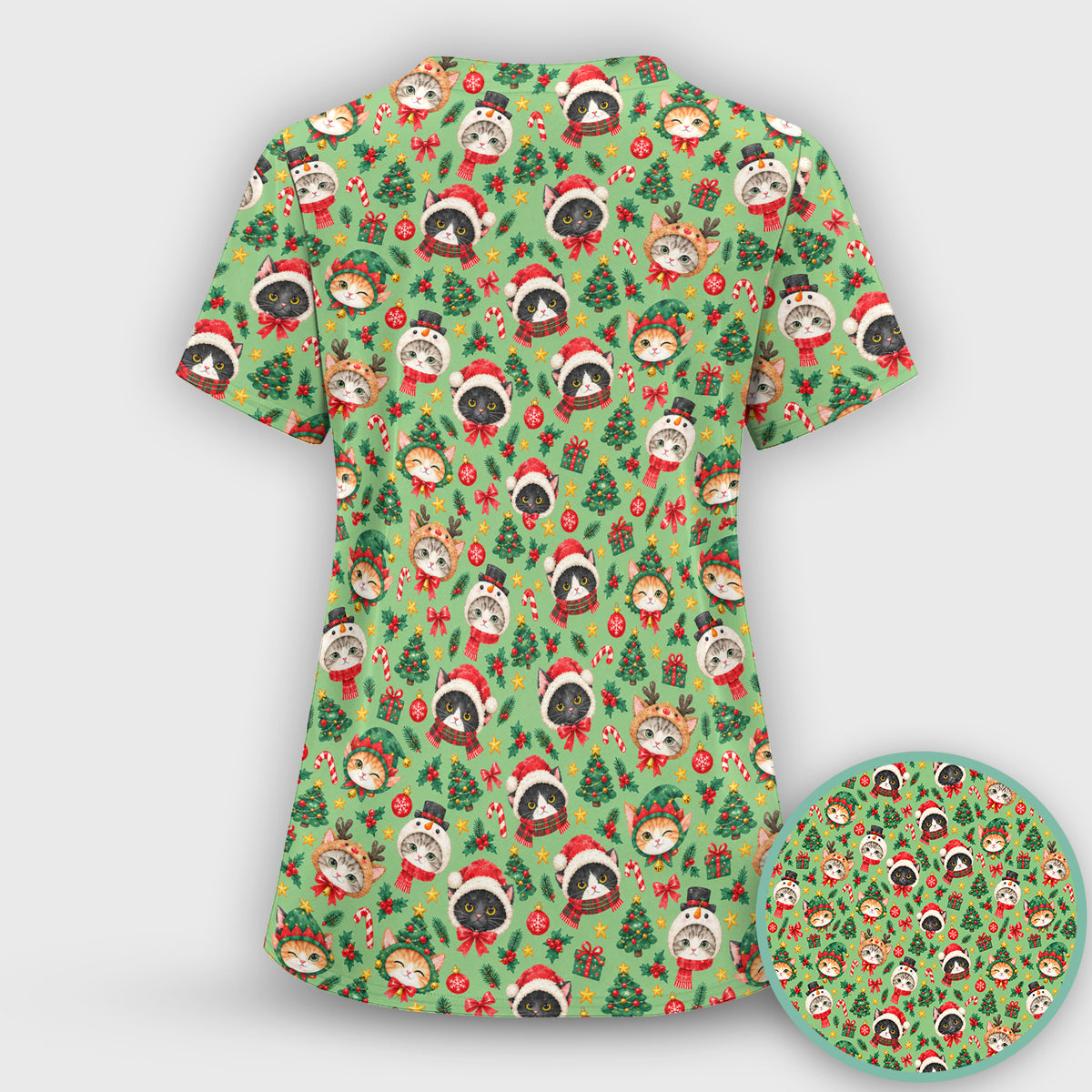 Christmas Cats And Trees Pattern Scrub Set, Scrub Pants and V Neck Top