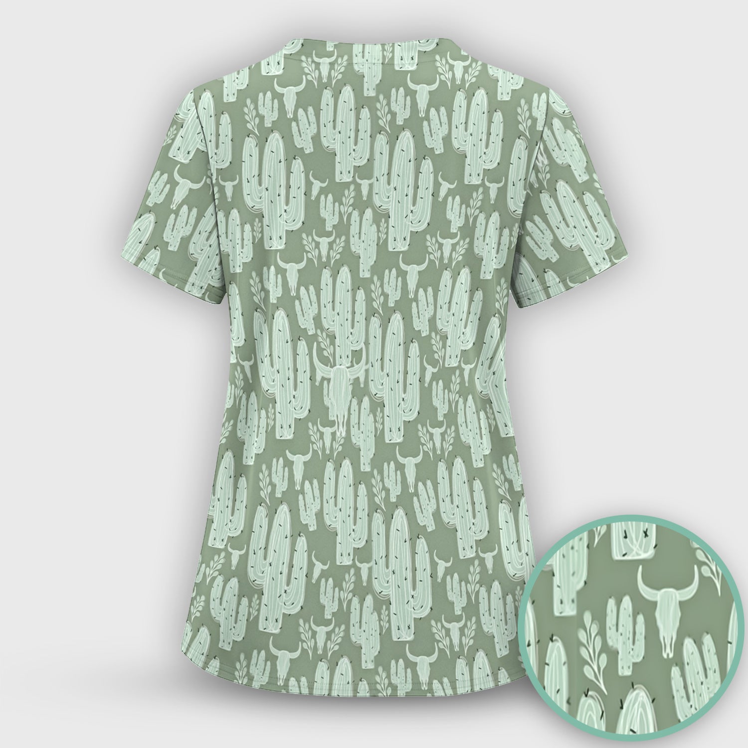 Funny Desert Cactus Skull Pattern Scrub Set, Scrub Pants and V Neck Top