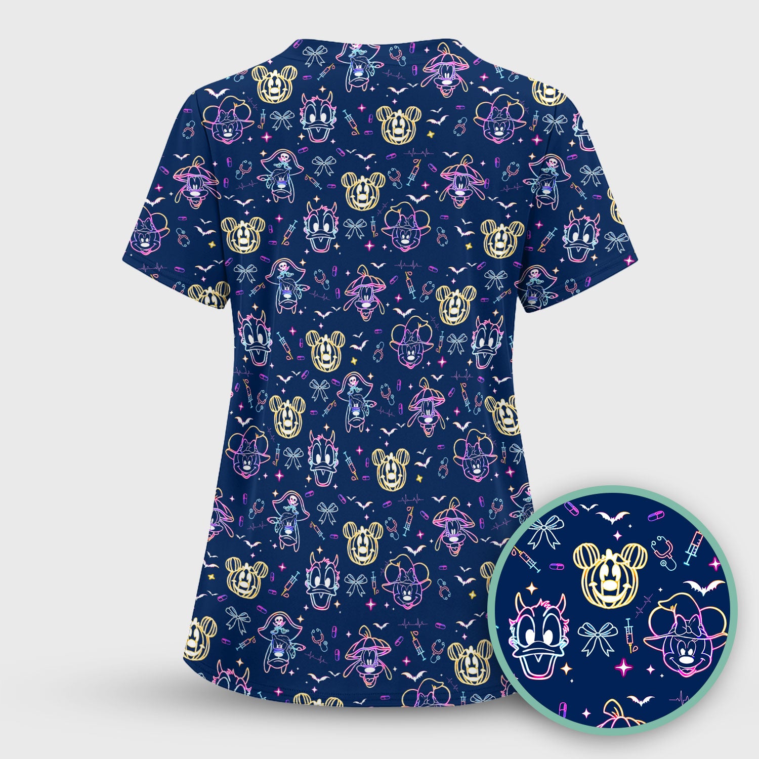Neon Mouse Halloween Scrub Top for Nurses - Spooky Faces and Scary Pumpkin Shirt - Funny Med Uniform Gift for Women