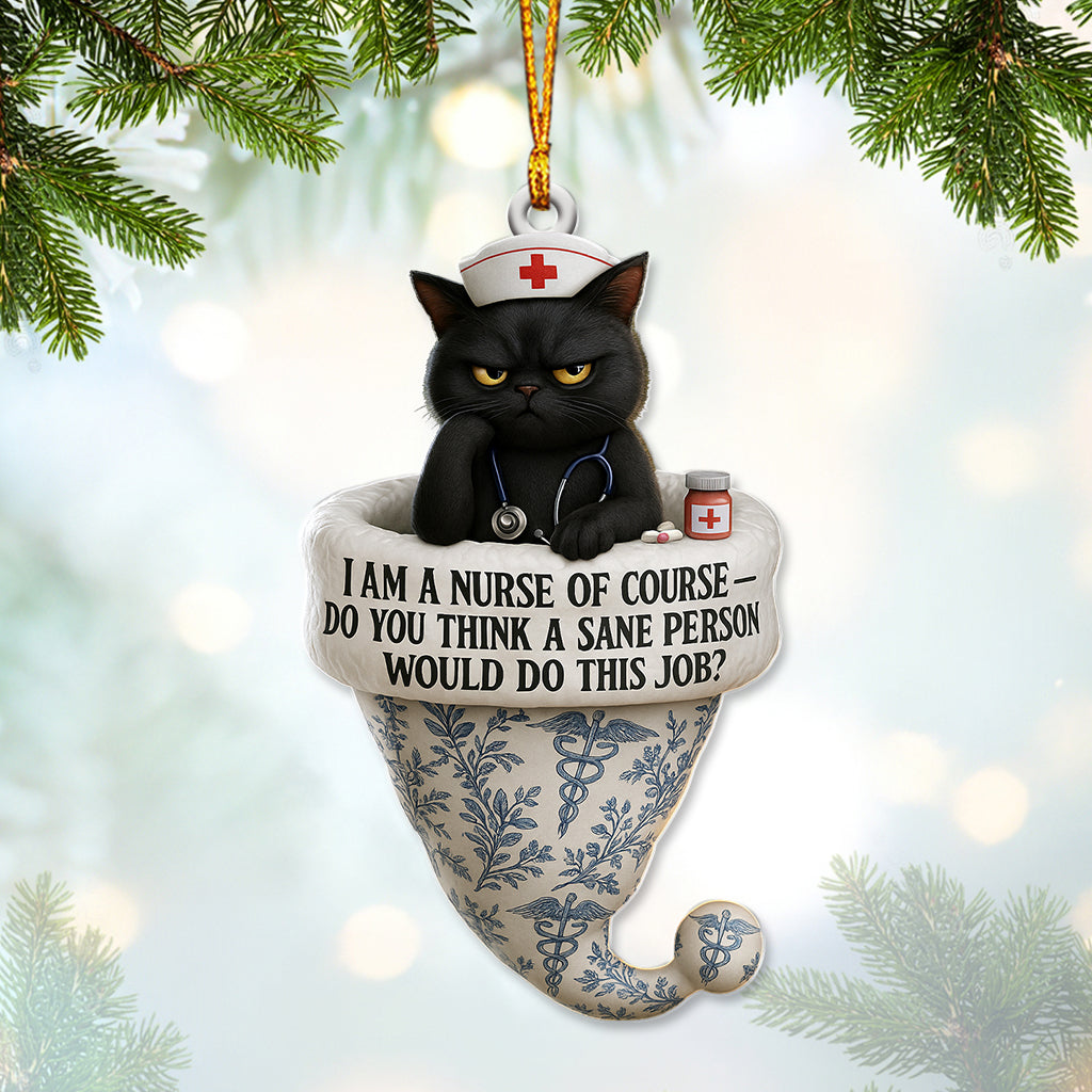 Custom Name Black Cat Nurse Ornament, Funny Toile de Jouy Nursing Christmas Decor, Sarcastic Nurse Holiday Gift