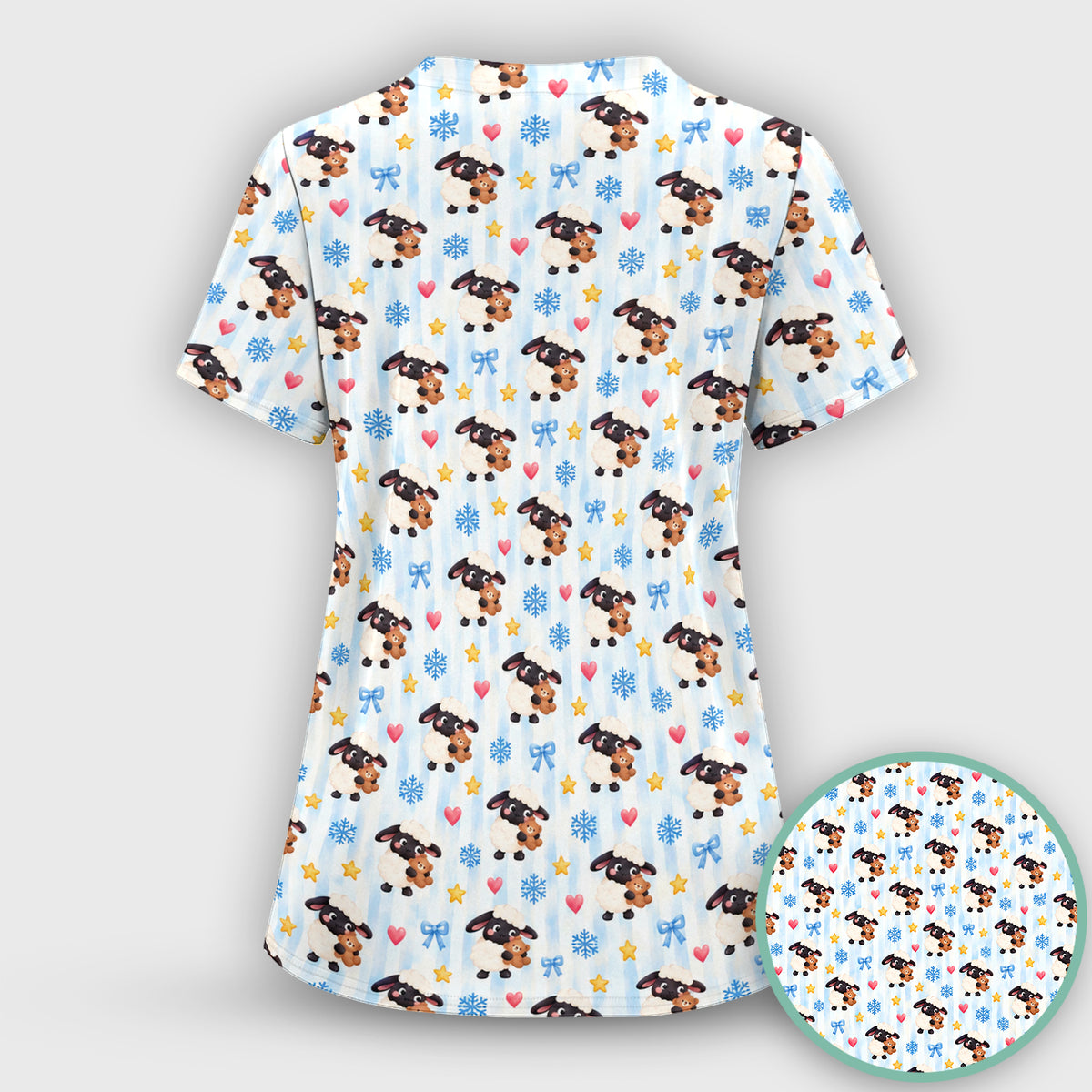 Cute Winter Lambs Holding Teddy Bears Scrub Top, Comfortable Scrubs for Nurses