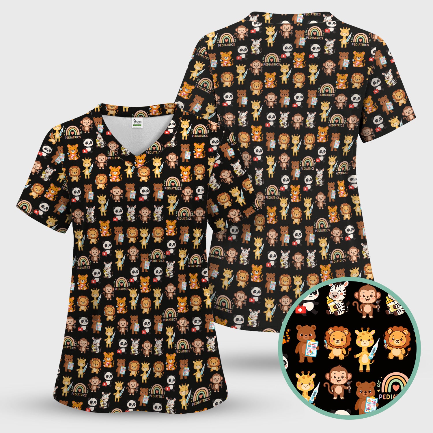 Cute Pediatric Nurse Scrub Top - Funny Zoo & Safari Animals Pattern Design - Gift for PEDS RN LPN
