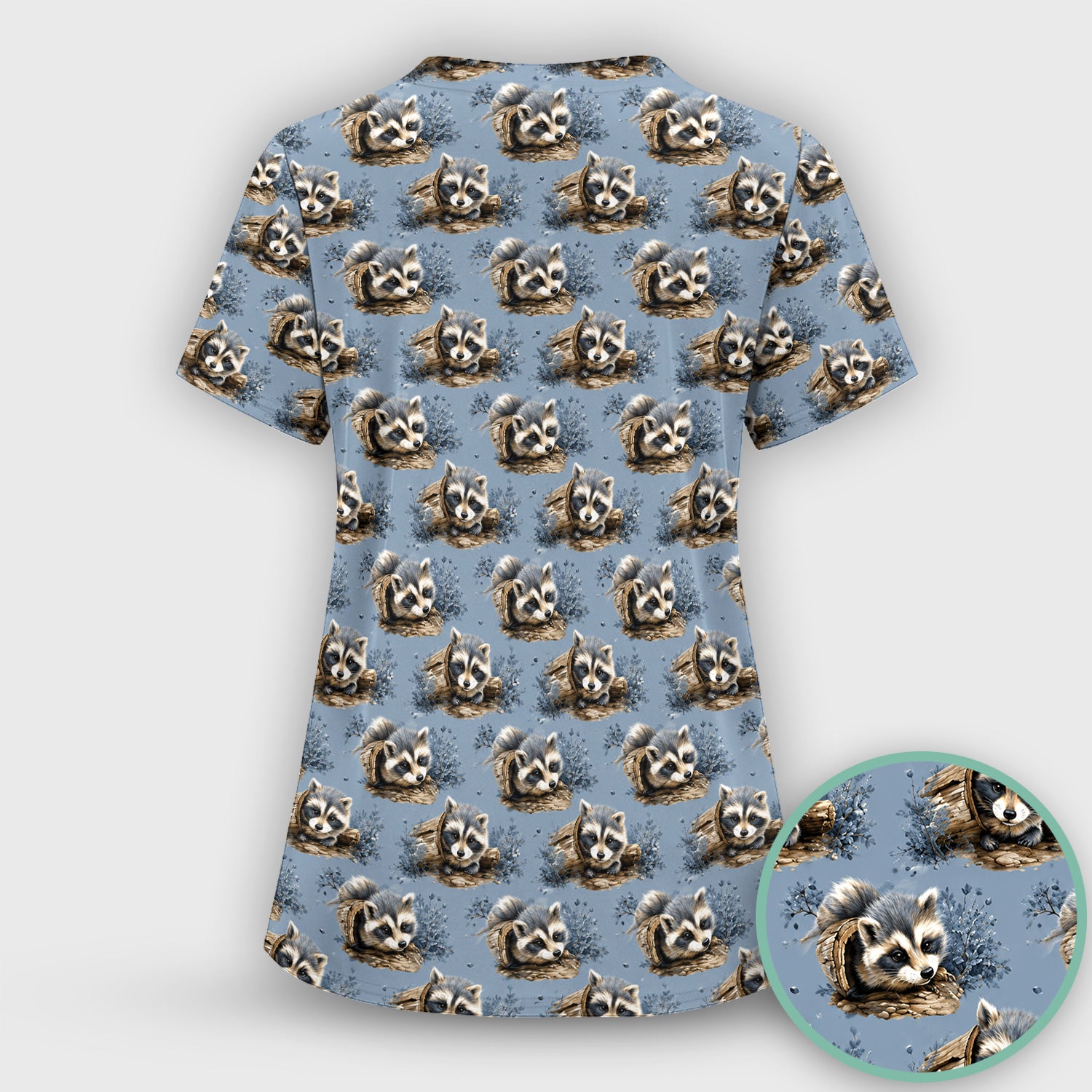 Cute Raccoon In Log Pattern Scrub Top, Comfortable Scrubs for Nurses