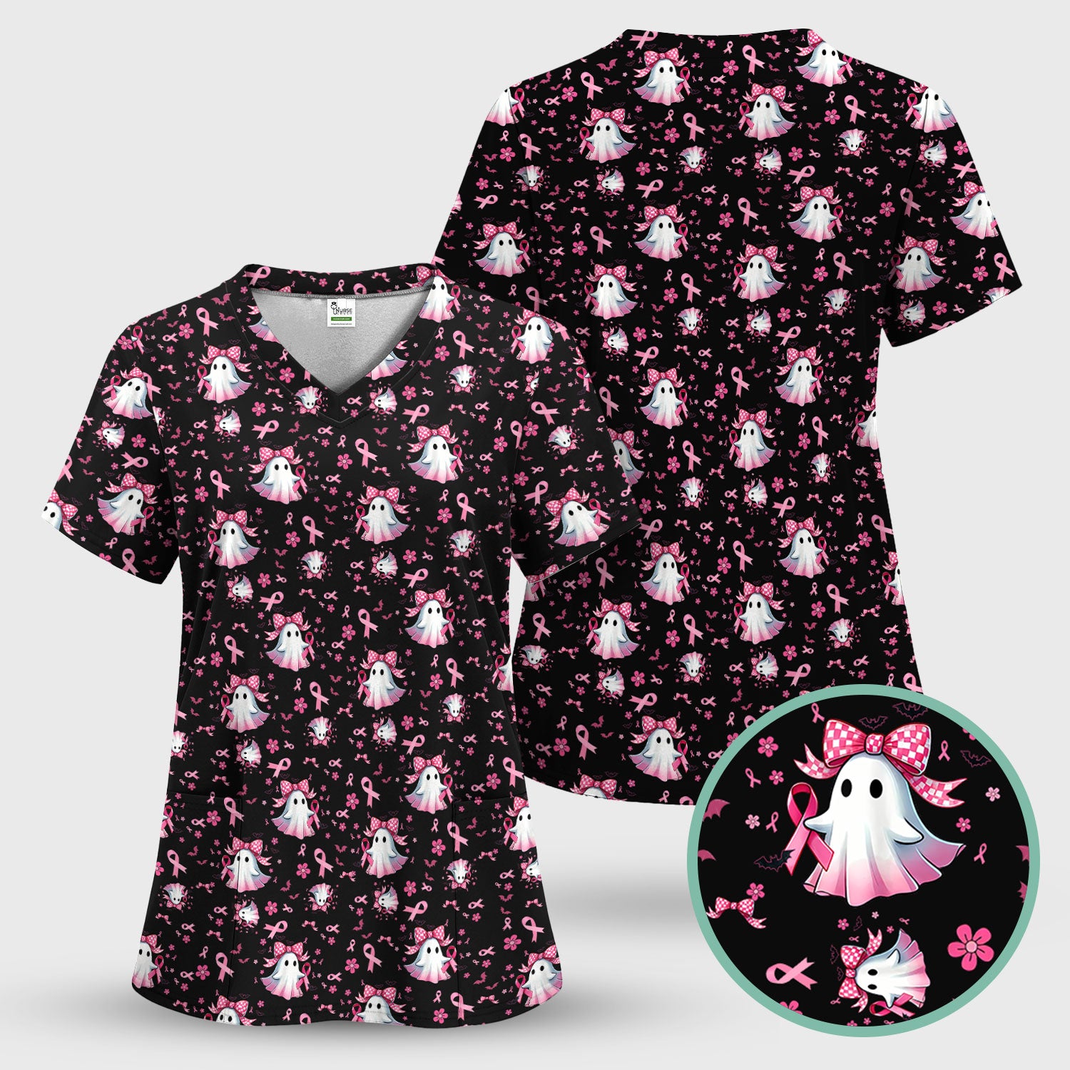 Halloween Ghost Scrub Top for Women - Breast Cancer Awareness Pink Ribbon Nurse Shirt - Cute Spooky Medical Uniform RN LPN CNA