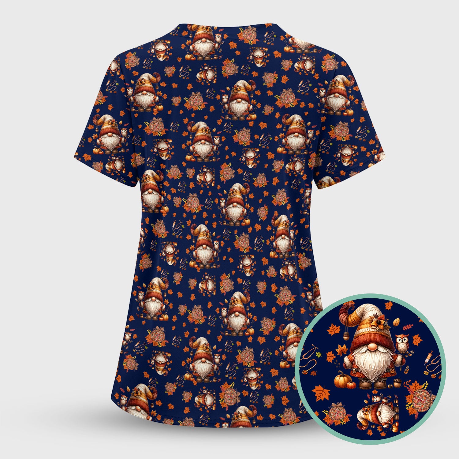 Fall Gnome Nurse Scrub Top for Women - Autumn Leaves Pumpkin Shirts - Thanksgiving Nursing Uniform Gift for RN LPN CNA