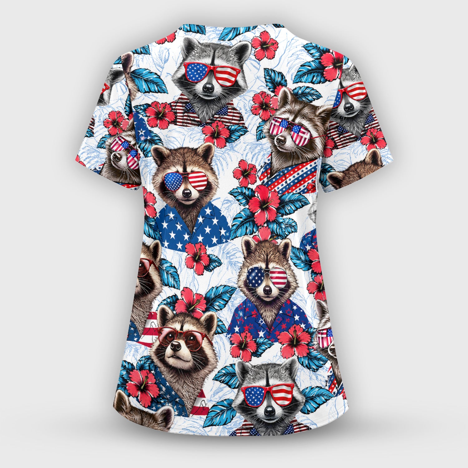 Funny Patriotic Raccoon Sunglasses Pattern Scrub Set, Scrub Pants and V Neck Top
